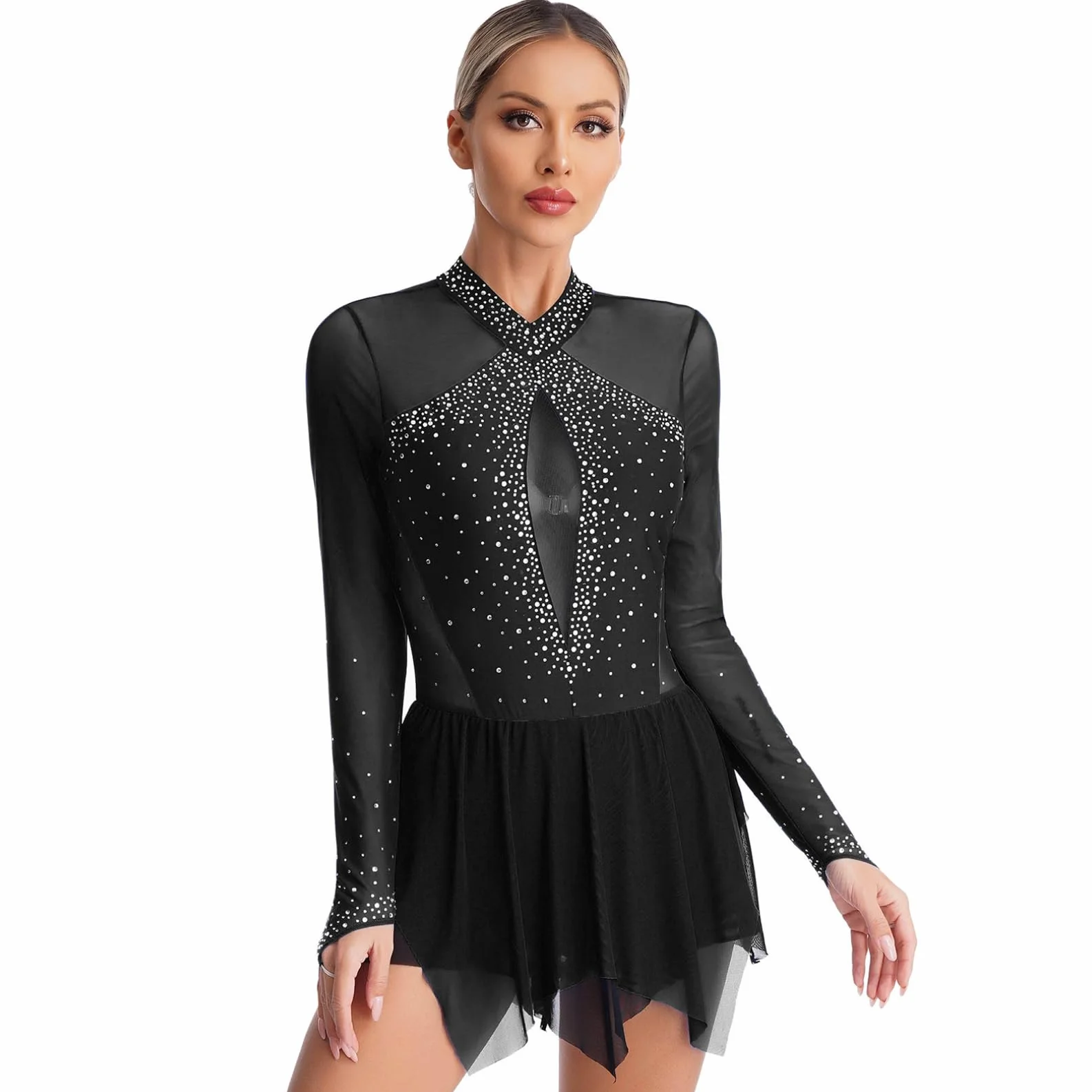 Femme Justaucorps Robe Patinage Artistique Gymnastique Danse Strass Manche Longue S-XXL