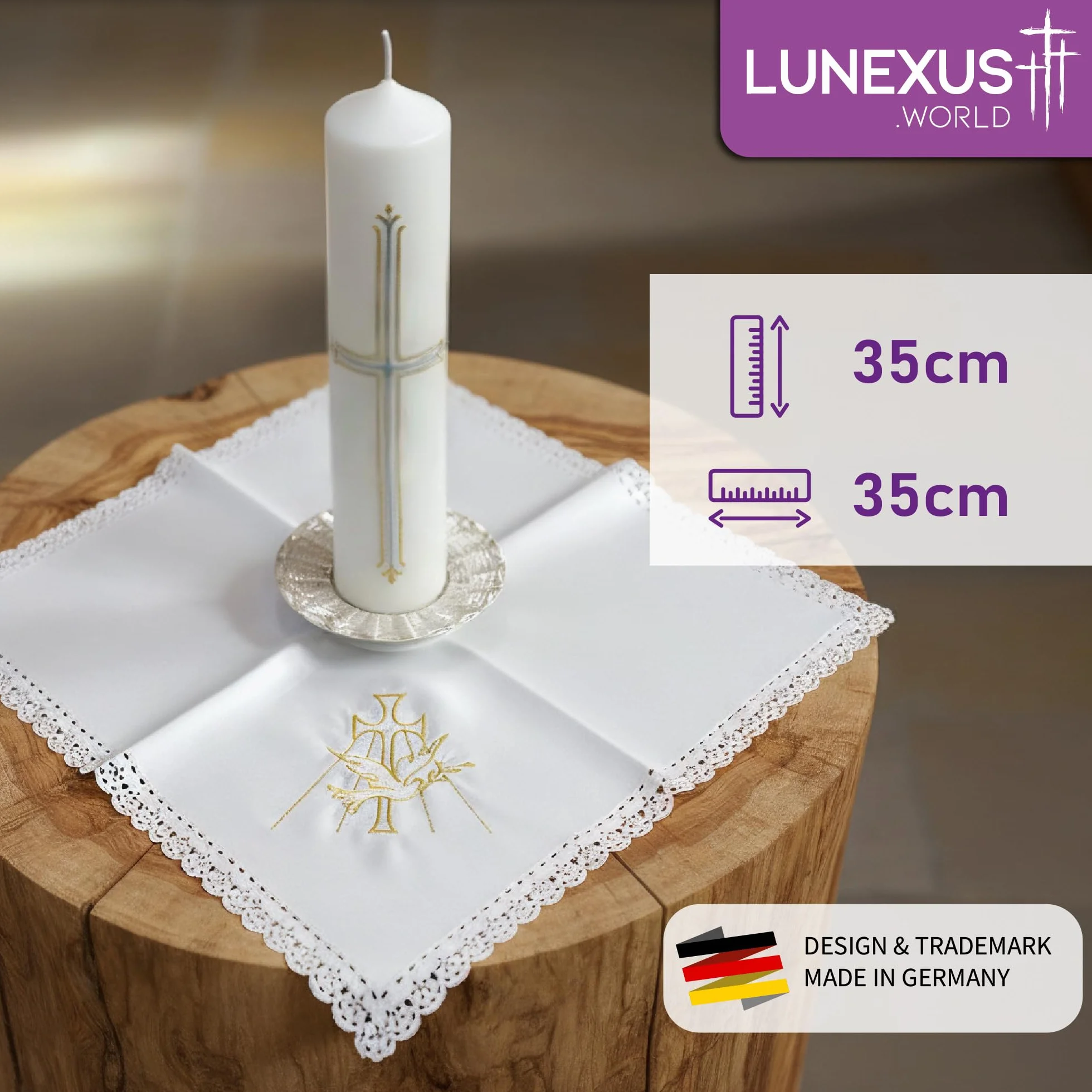 Tissu décoratif baptême blanc 35 x 35 cm croix dorée colombe dentelle