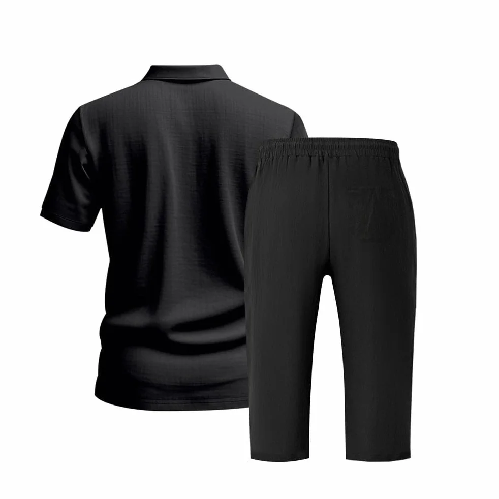 Ensemble en Lin 2 Pièce Chemise T-Shirt Manches Courtes Shorts Jogging Pantacourt 3/4 Capri Été Élastique Plage