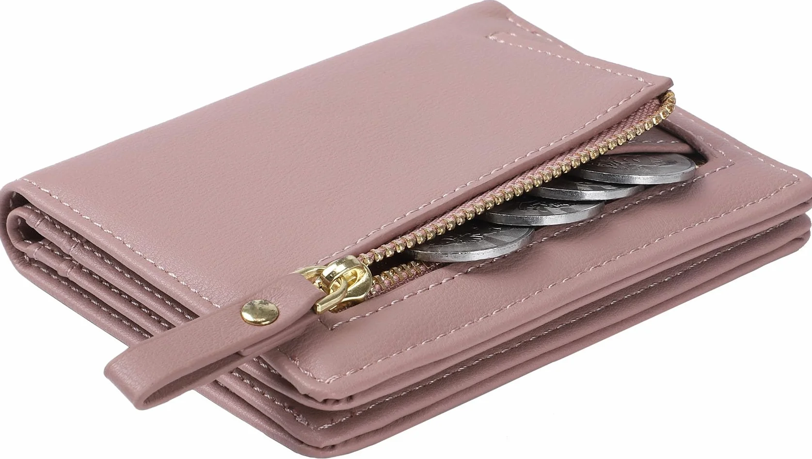Portefeuille Femme Cuir Petit Porte Monnaie Slim avec Fermeture éclair Rose foncé
