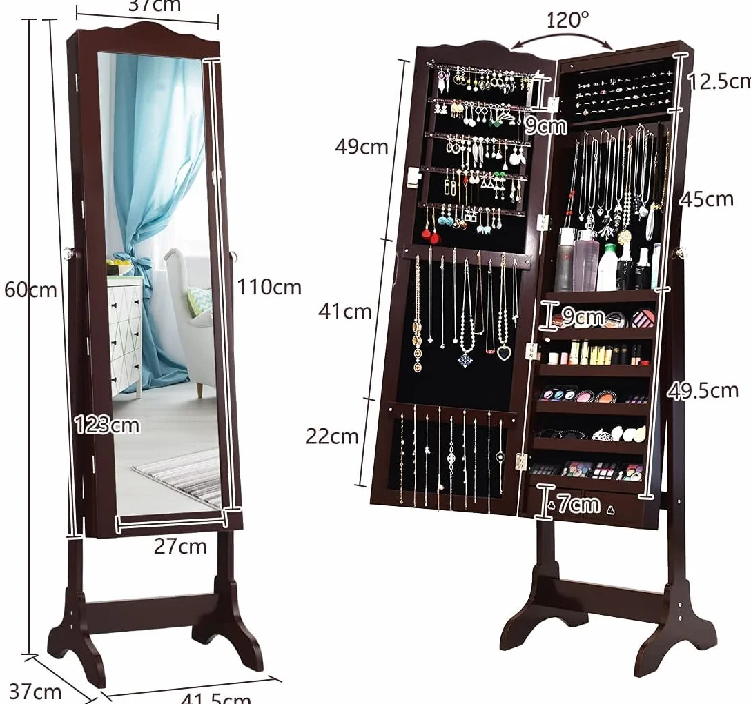 GOPLUS Armoire à Bijoux avec Miroir, 2 en 1, 14 Lumières LED, 6 Étagères, Meuble Bijoux Verrouillable en Bois, Brun