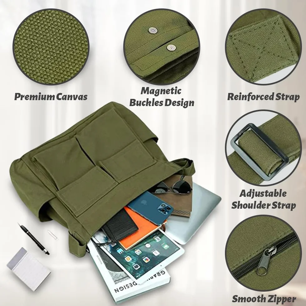 Sac à Bandoulière Rétro Grand Multi-poches pour Voyage Travail École