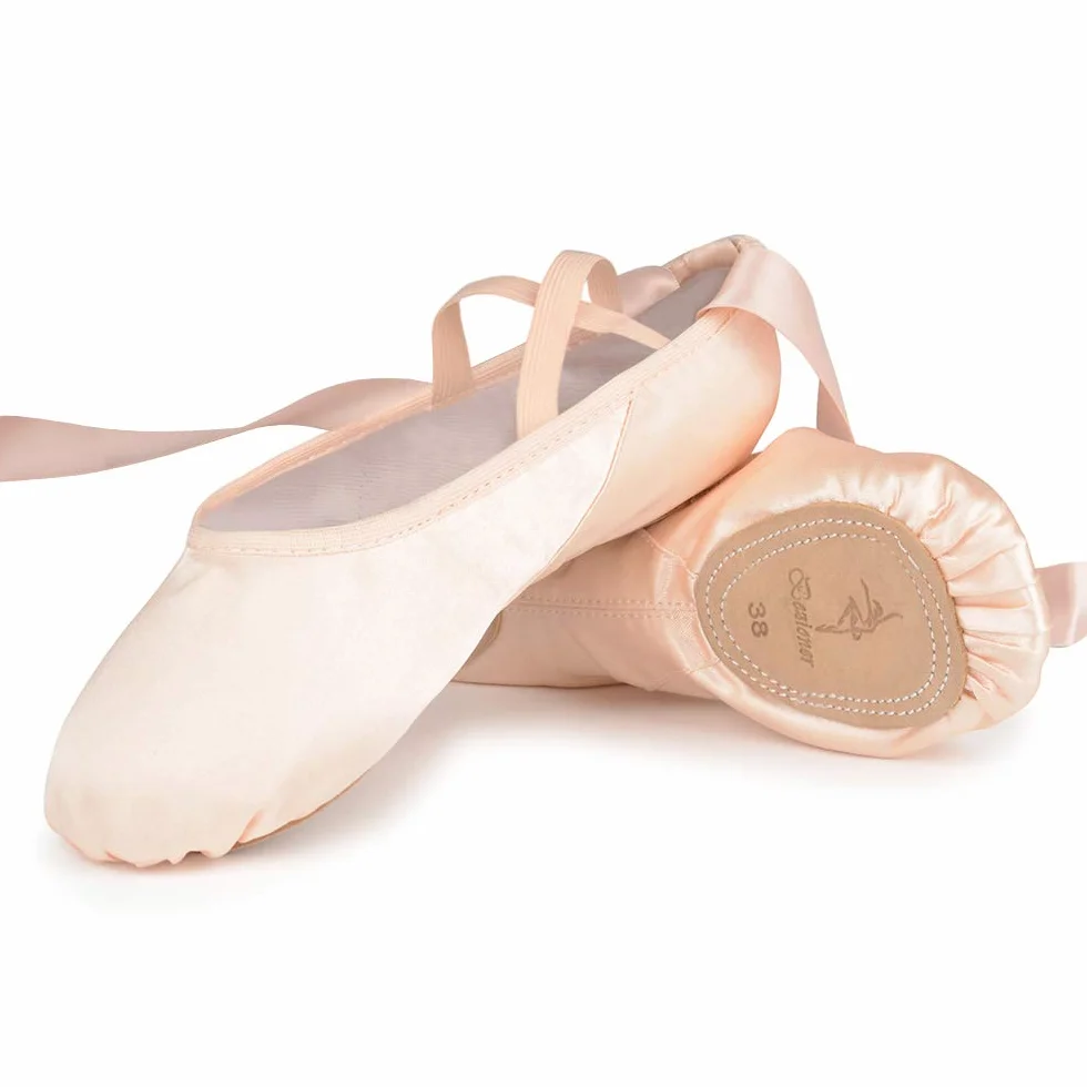 Chaussures de Danse Satin Demi Pointe Ballerine avec Ruban Rose pour Enfants et Adultes