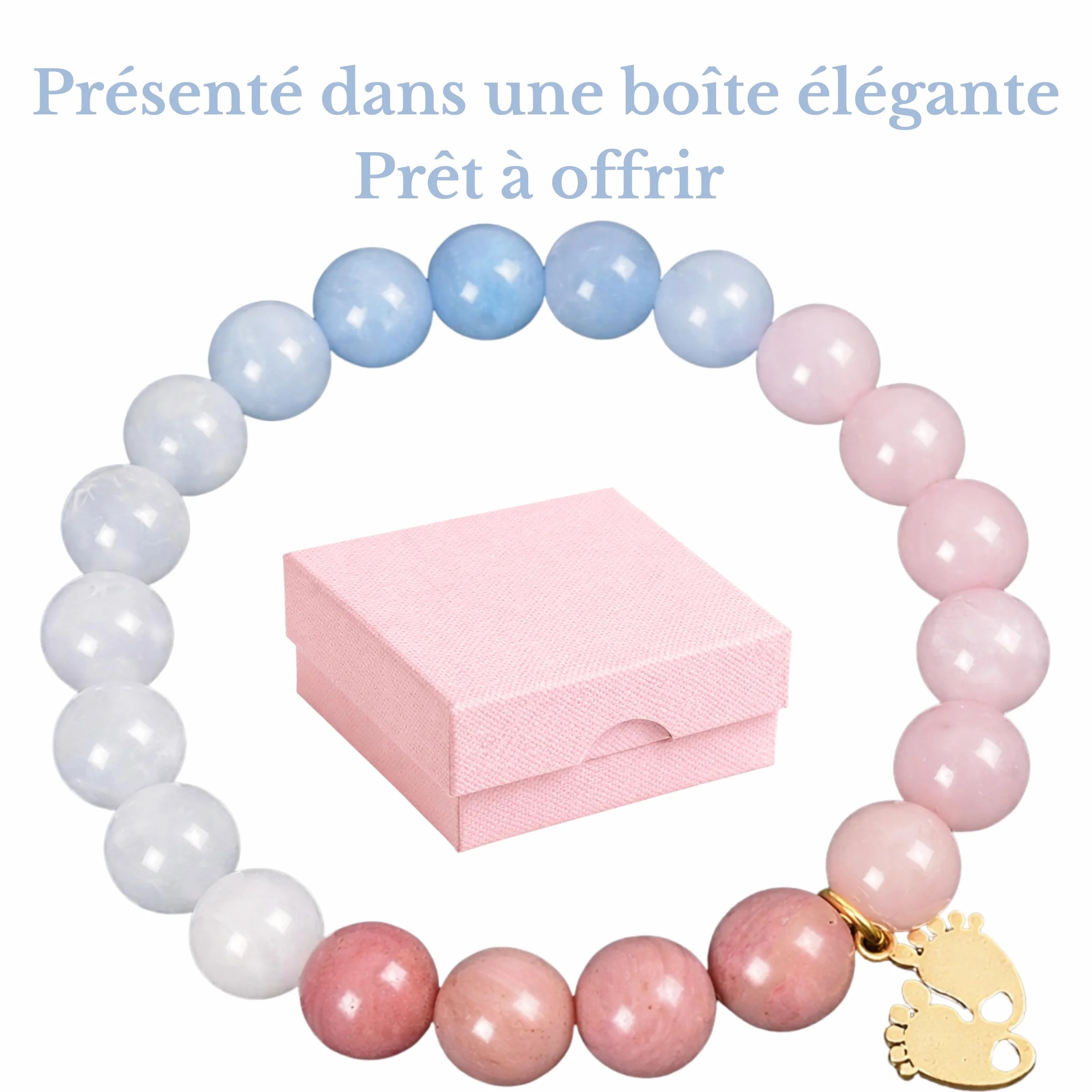 Bracelet Pierre Naturelle Future Maman Breloque Pied Bébé Dorée Rhodonite Quartz Cadeau Femme Enceinte Fait Main Coffret