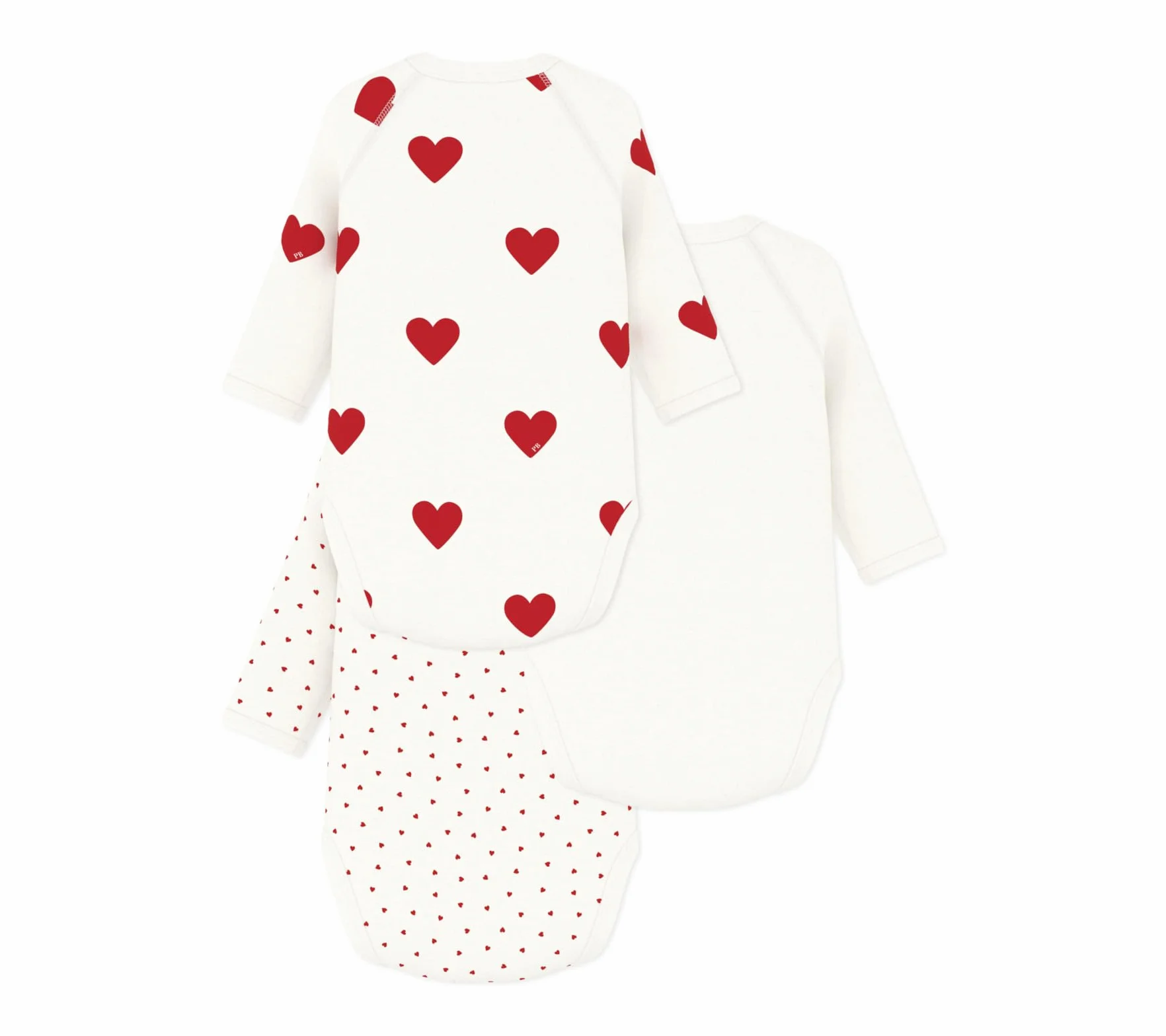 Petit Bateau Lot de 3 Bodies Croisés Cœur Rouge Manches Longues Bébé Coton Biologique