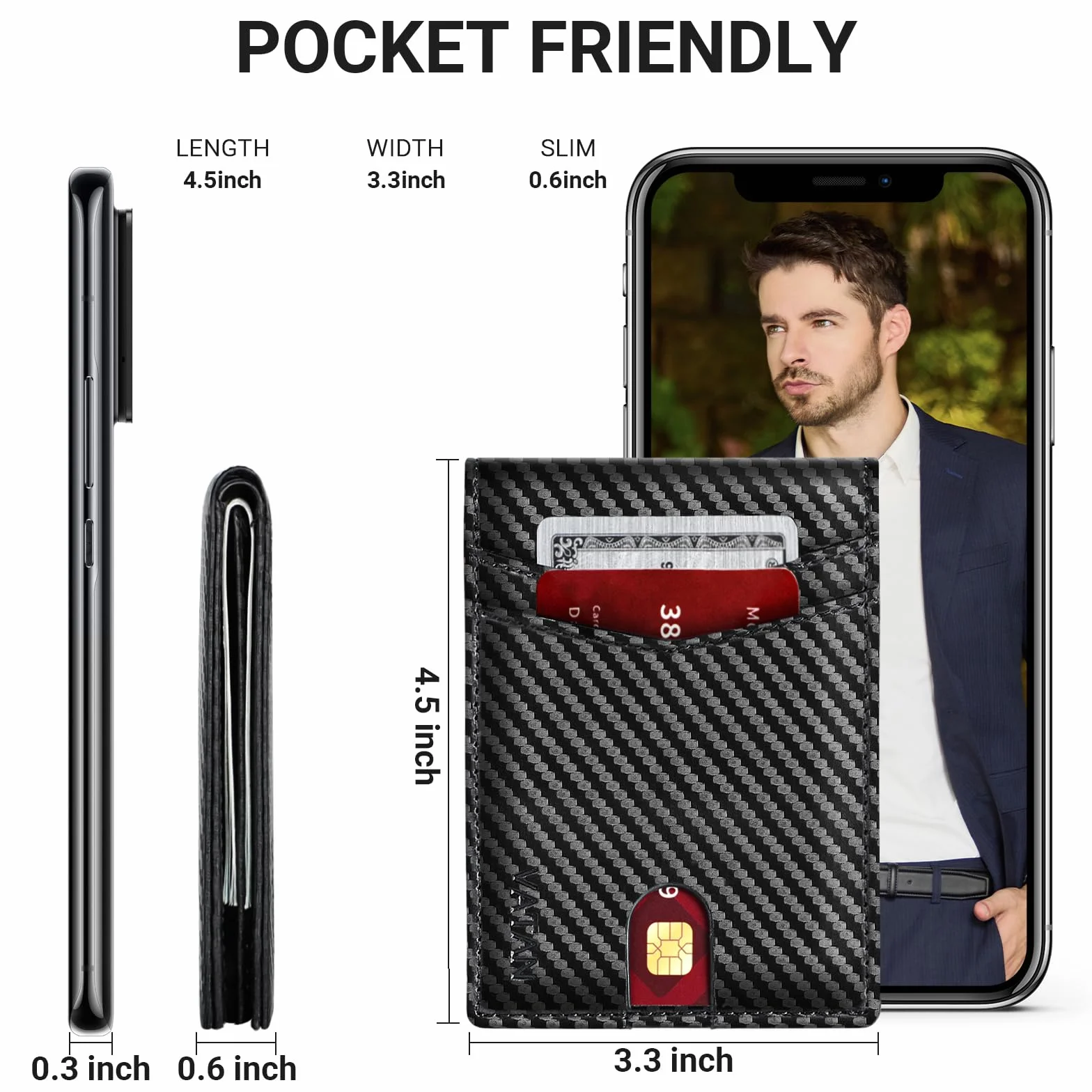 VATAN Portefeuille Homme Cuir Blocage RFID 15 Emplacements Cartes 2 ID Photo Window 2 Compartiment Billets Boite Cadeau Carbone Noir