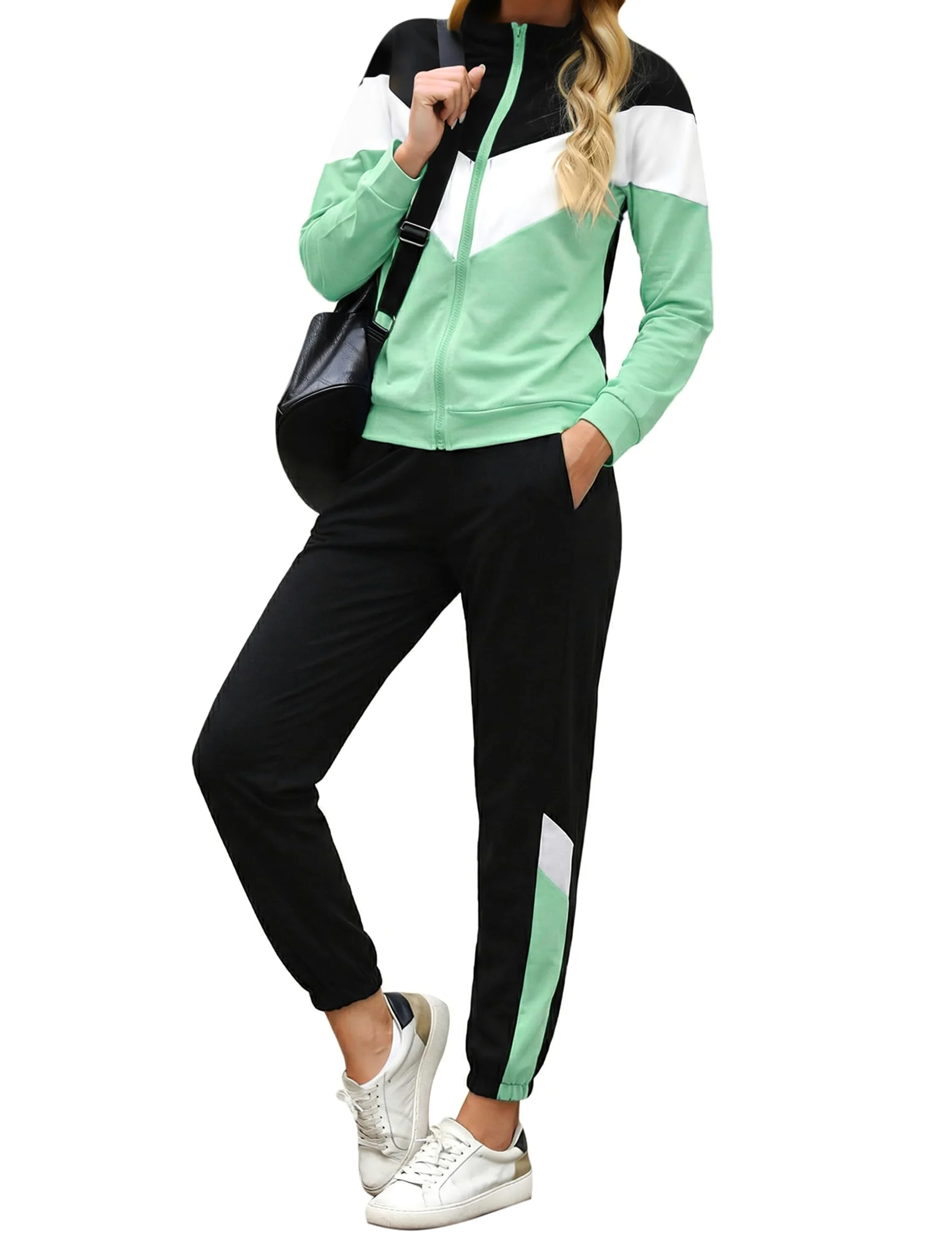 Marvmys Survêtement Femme Ensemble Zippé Vêtements De Sport | Couleurs Contrastées Fitness Jogging Manches Longues Sportwear
