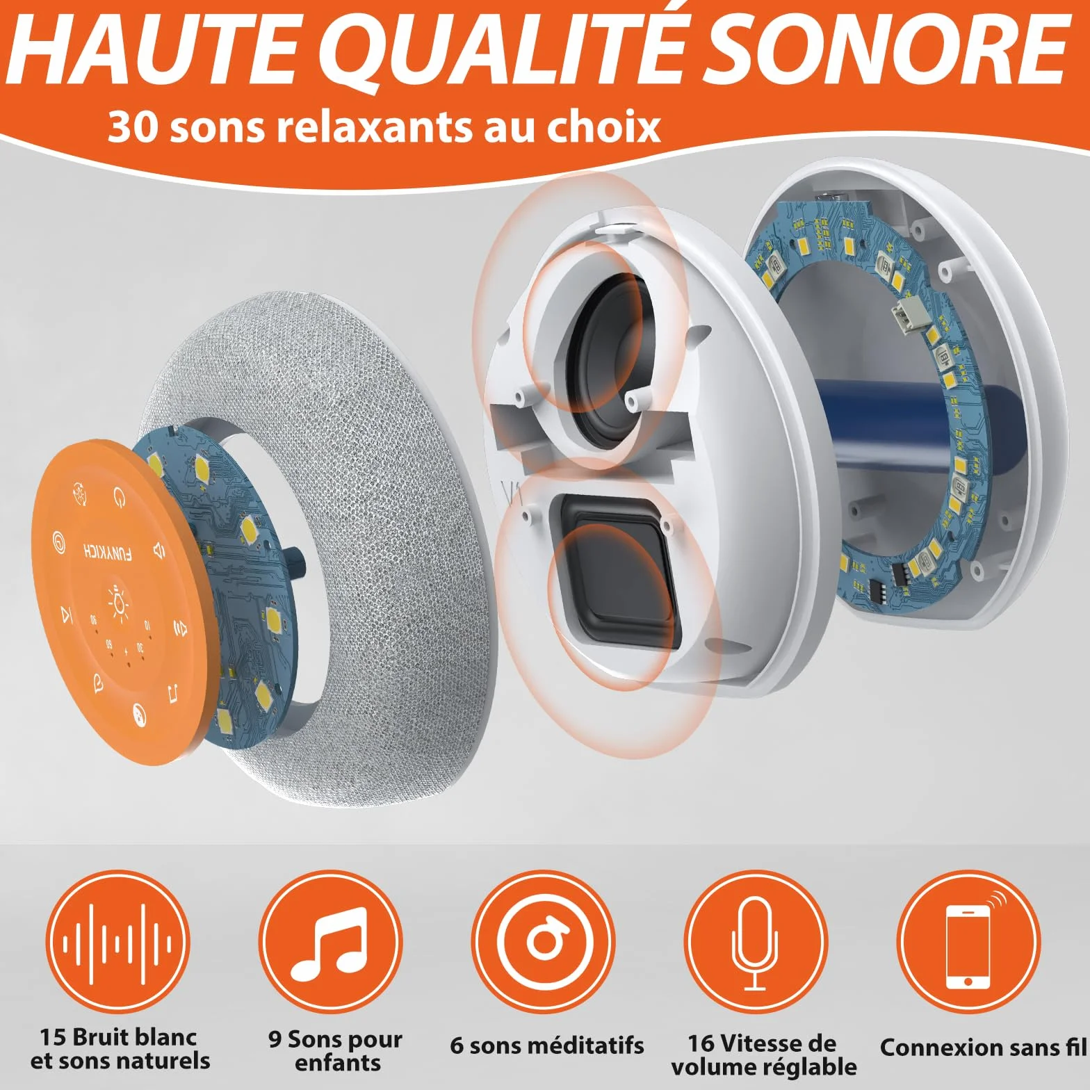 FUNYKICH Machine à Bruit Blanc Bébé 30 Sons Apaisants Veilleuse 7 Couleurs 4 Modes