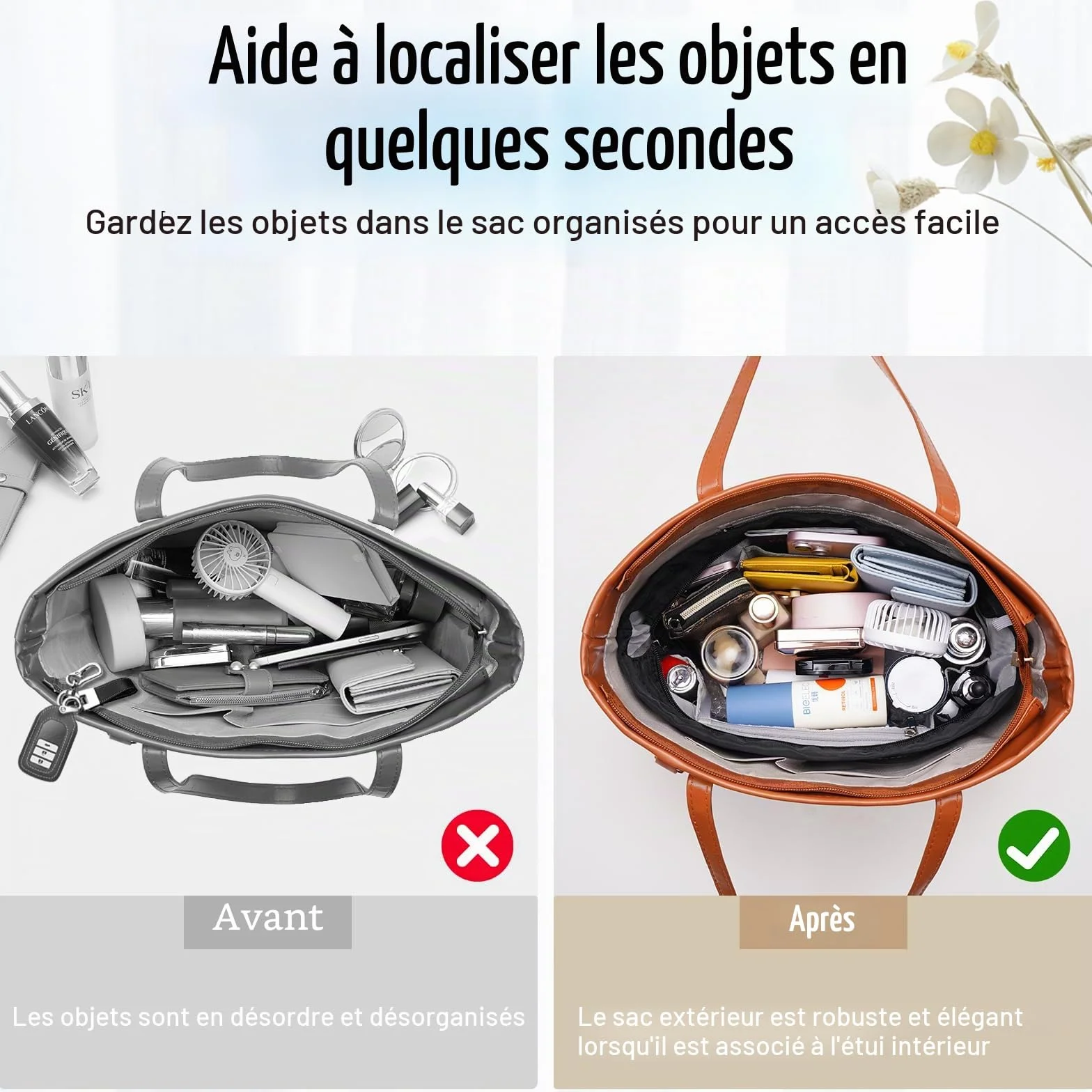 Organisateur de Sac à Main en Nylon pour Femmes, Bag In Bag Pochette de Rangement avec Fermeture éclaire, Beige