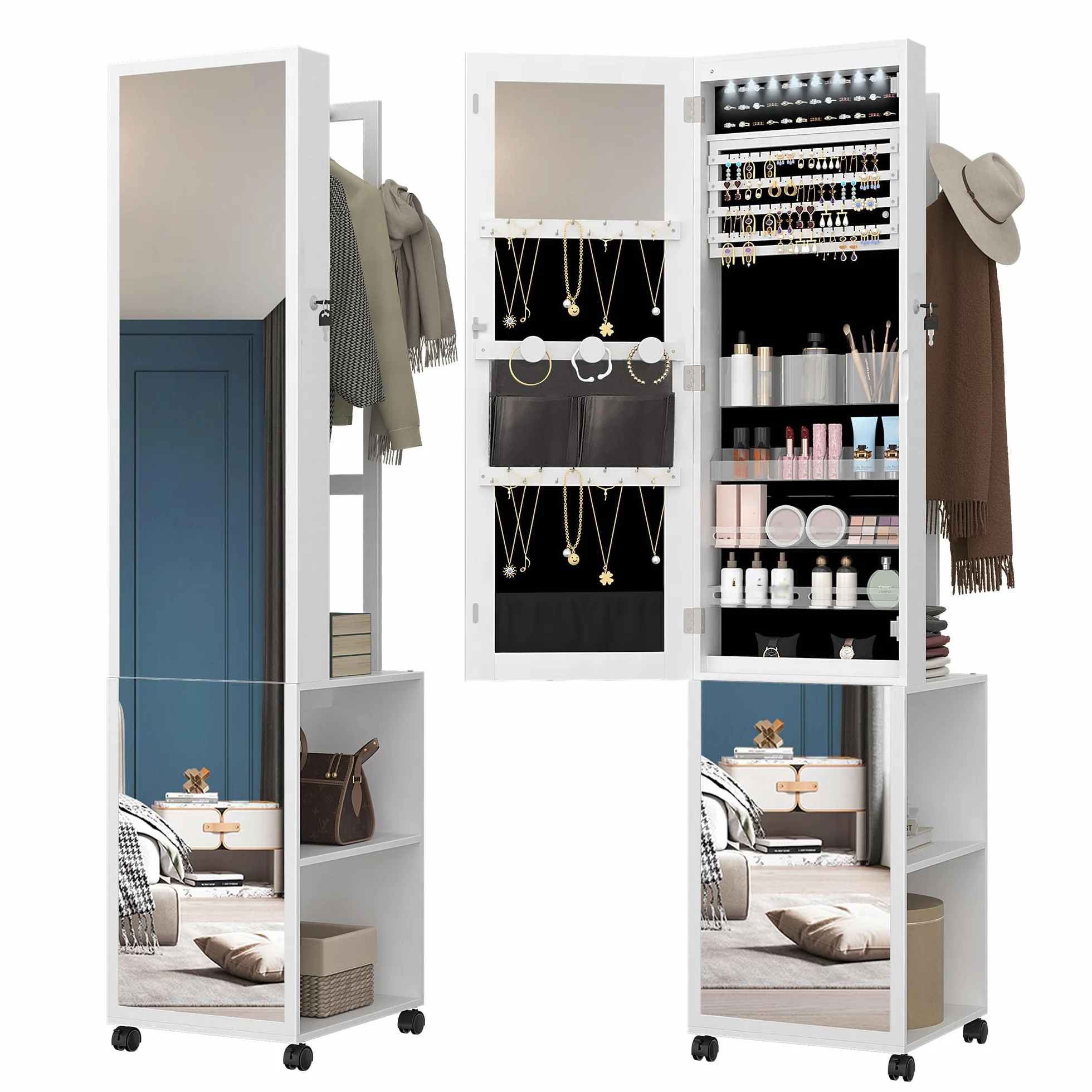 Hzuaneri Armoire à Bijoux 175cm Organisateur de Bijoux sur Pied avec Miroir Verrouillable 8 LEDs 4 Roues Blanc et Noir