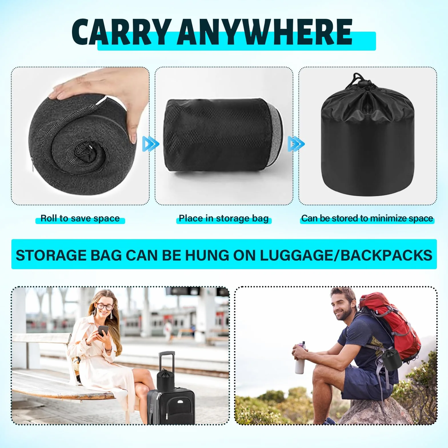 Coussin de Voyage Mémoire Forme pour Adultes avec Bouchons d'Oreille et Sac de Rangement - Avion Train