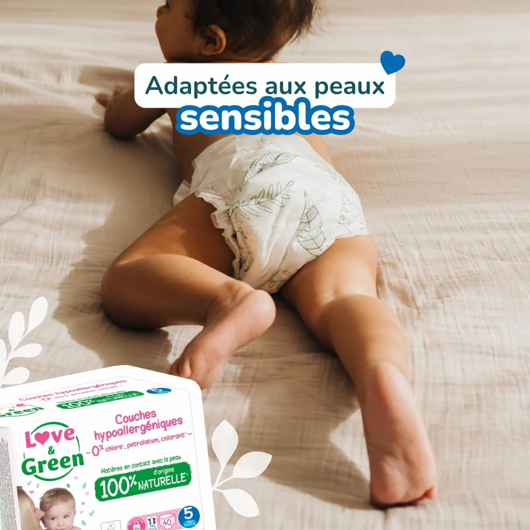 Love & Green Couches Bébé Taille 5 (11-25 Kg) Pack 1 Mois 160 Couches Absorbante Anti-fuites