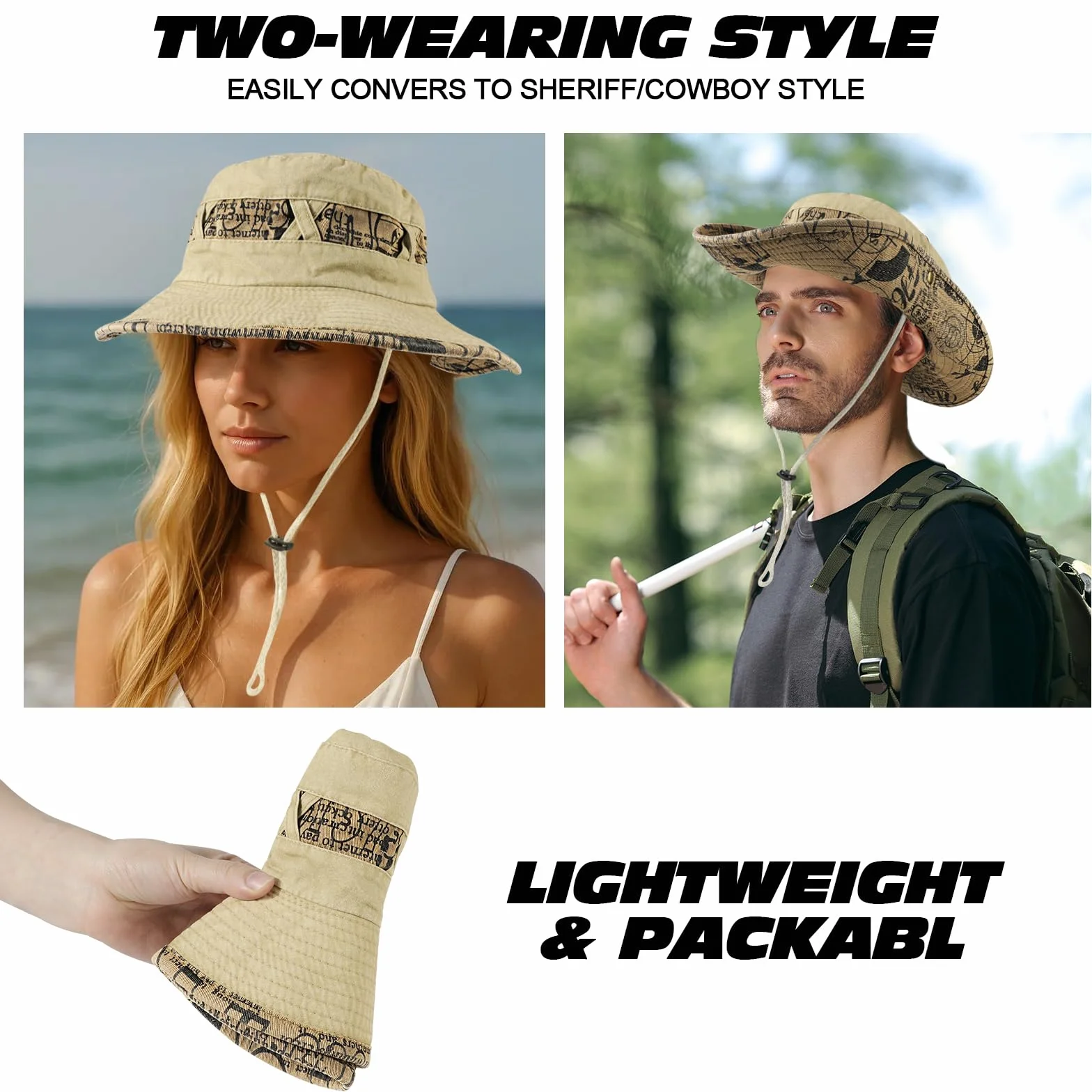 TAGVO Chapeau de Soleil Anti UV Unisexe Classique Chapeau Seau Réglable Large Bord Pliable Chapeau Cowboy Homme Femme Outdoor Ete