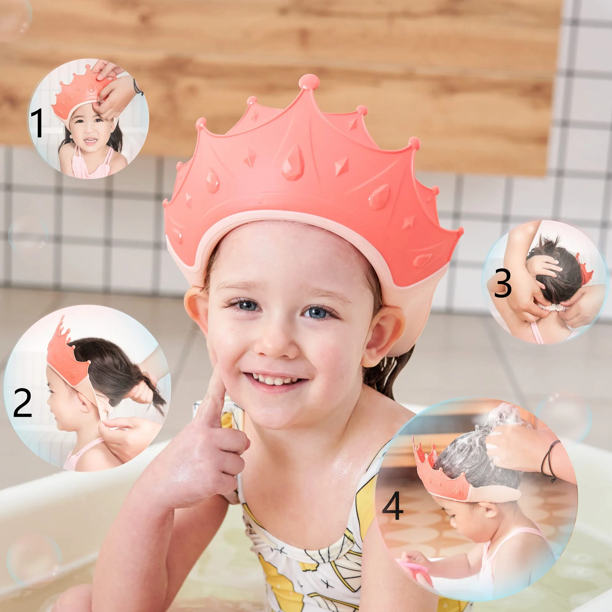 Bonnet de douche réglable enfant bébé protection shampooing lavage cheveux sans larmes 0-9 ans couronne rouge