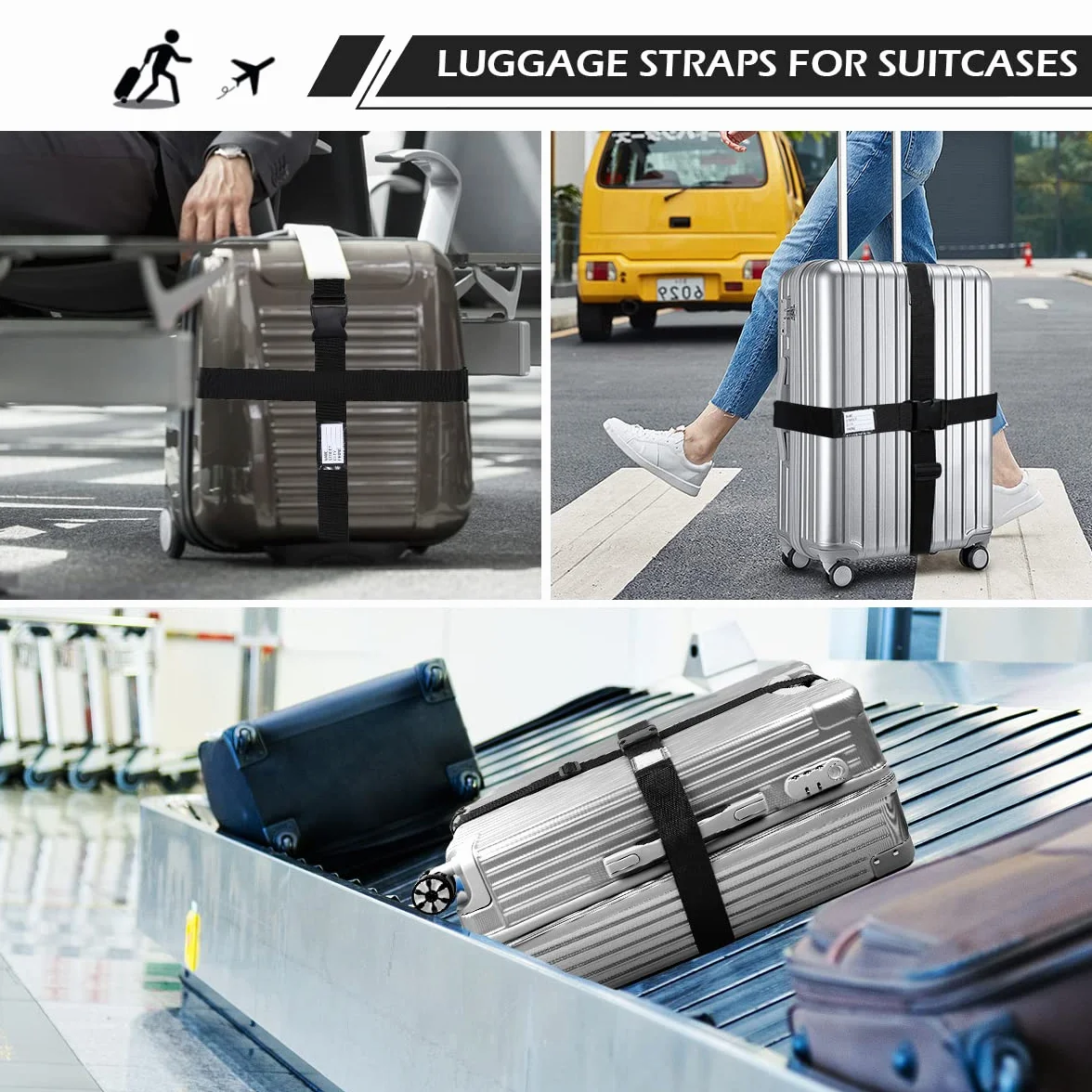 AiQInu Sangle de Bagage Lot de 2 Réglables avec Etiquette Identification Voyage Accessoires Valise