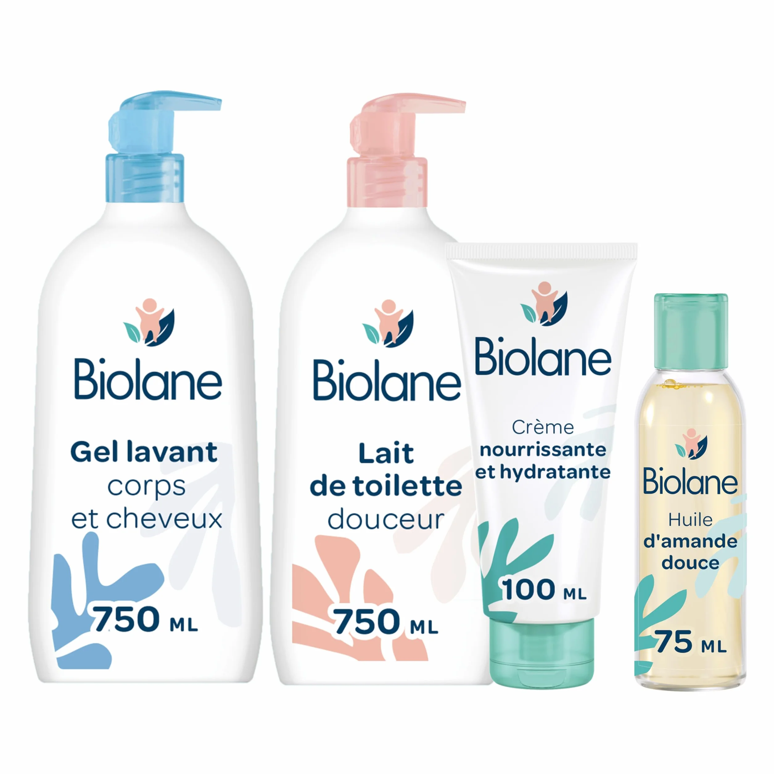 BIOLANE Kit Bain & toilette Bébé Gel douche Lait de toilette Crème hydratante Huile d'amande douce Peaux sensibles Fabriqué en France