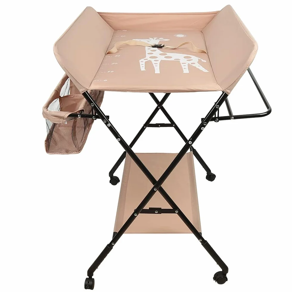 Table à Langer Pliable et Portable, Charge Max 25 kg, Réglable en Hauteur (Amande)