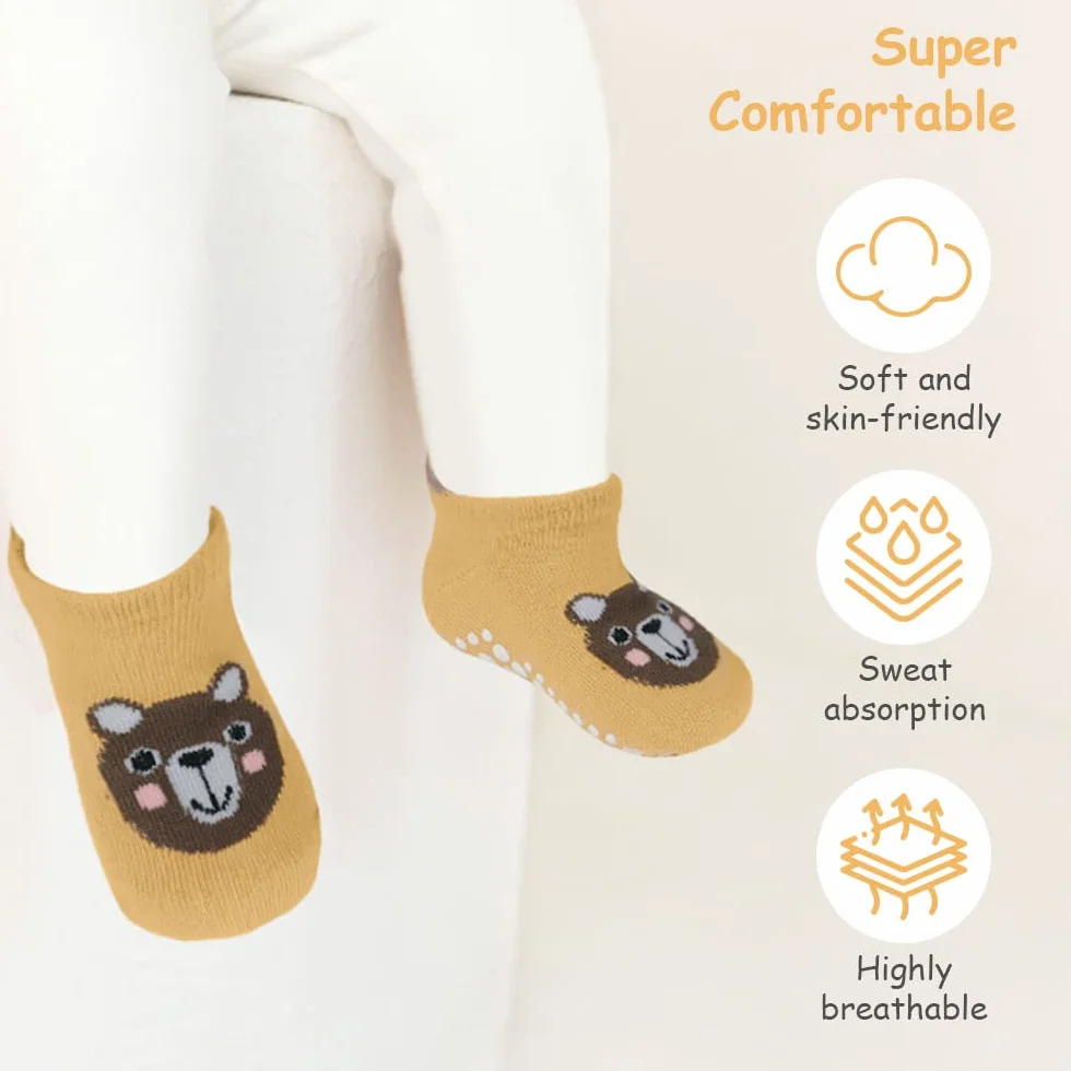 Vicloon Lot de 6 paires chaussettes antidérapantes coton imprimé animal bébé 12-18 mois