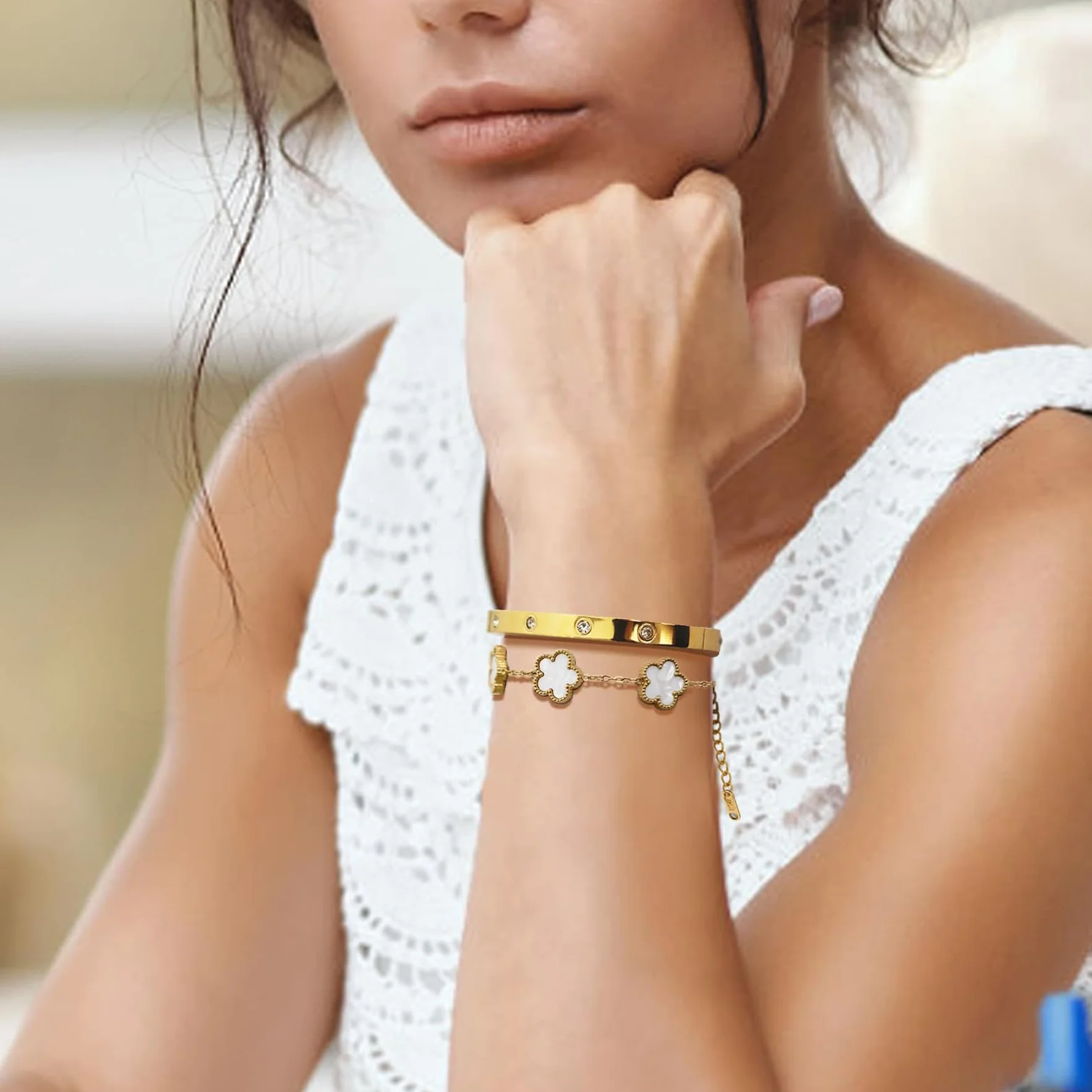 Plaqué 18K Bracelet Femme Trèfle Porte-Bonheur 2 Pièces Bijoux Empilables