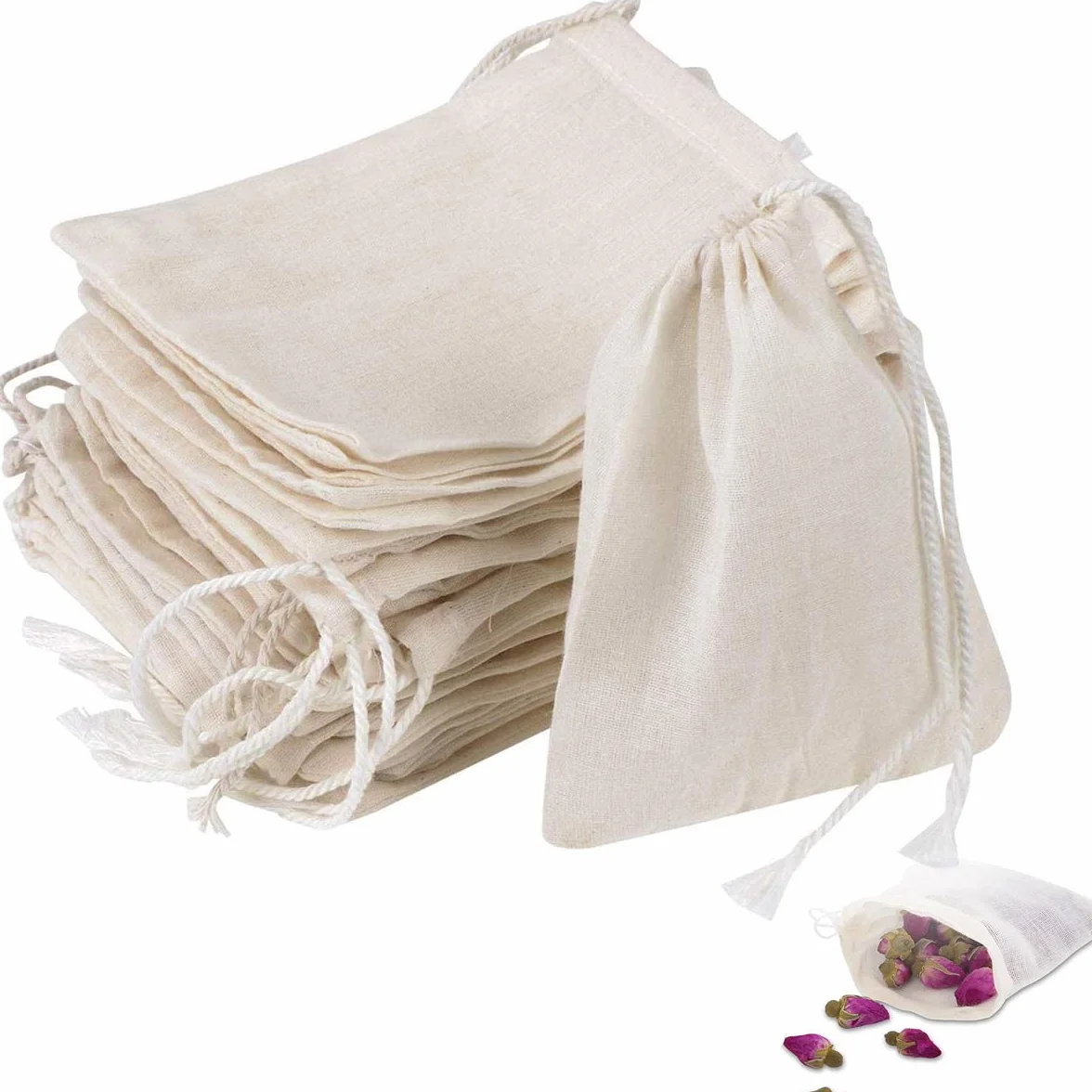 Sacs en Lin Coton avec Cordon de Serrage, 6 x 8 cm, Sac Toile de Jute Réutilisable, Pochon Cadeau Mariage