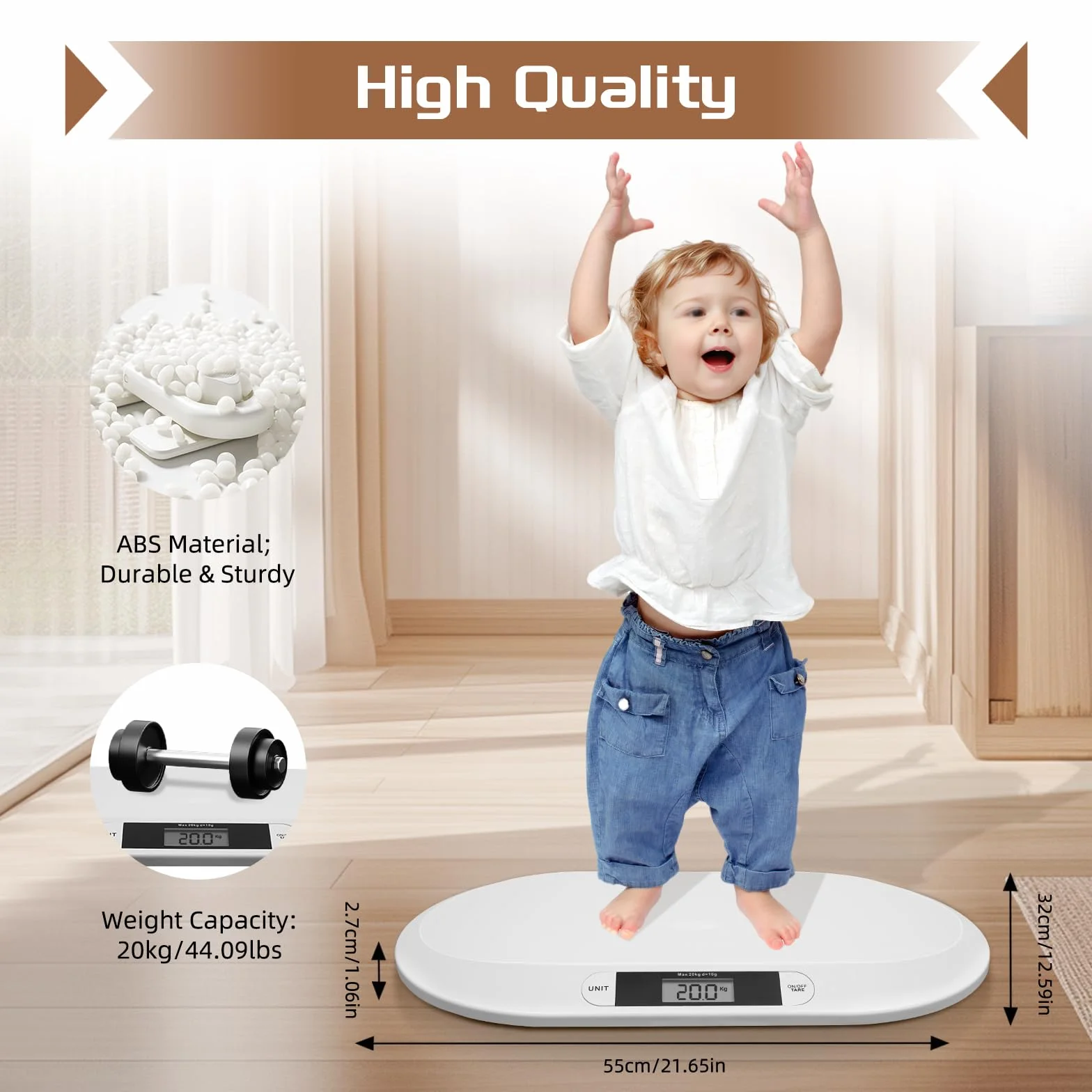 Pèse-Bébé Numérique 20kg, Balance Électronique Précise 10g, Plateforme 55x32cm, Écran LED, Fonction Tare et Hold