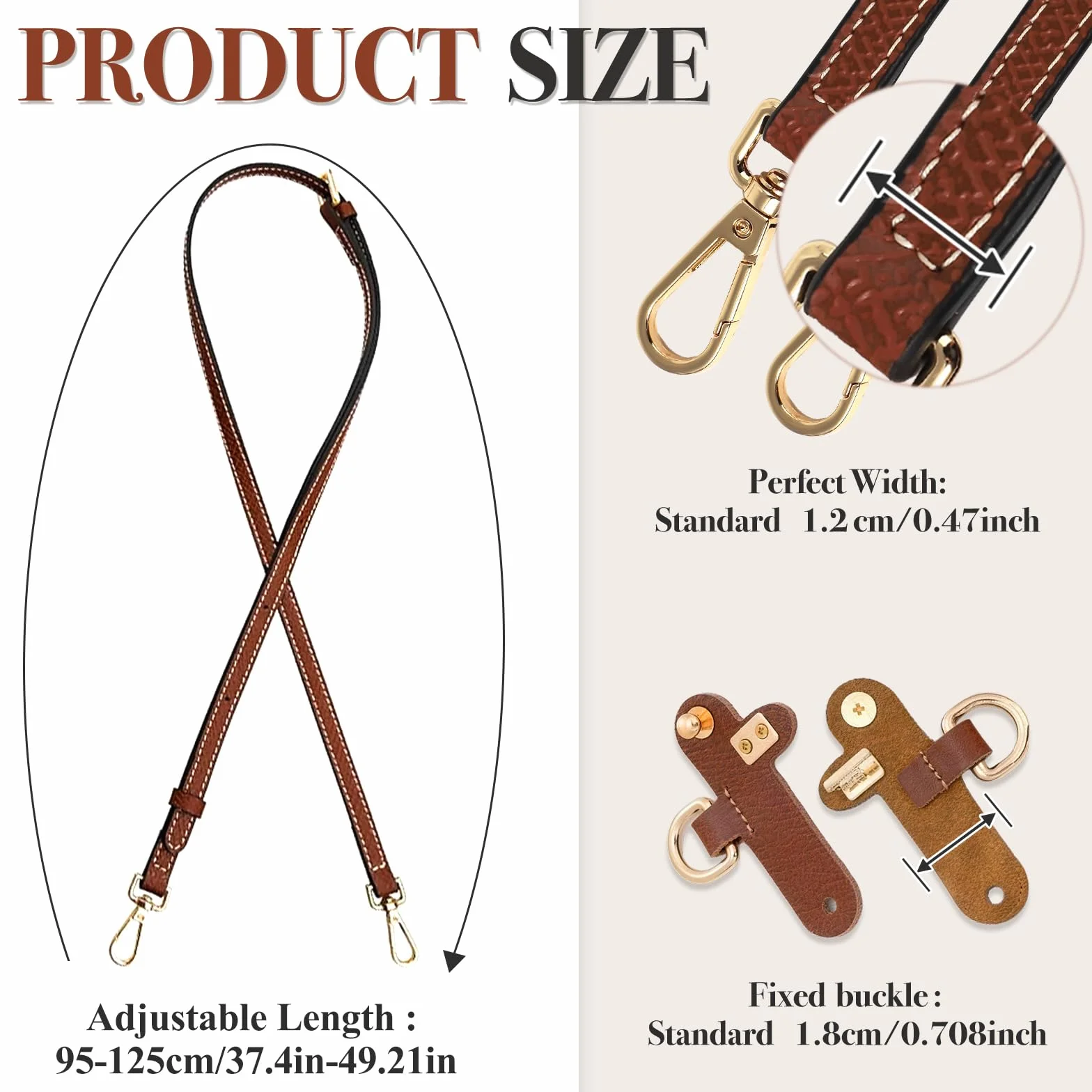 Longchamp Bandoulière Sac Mini Réglable Cuir sans Perforation Adaptateurs Anse Universelle Femme Cognac Largeur 1.2cm