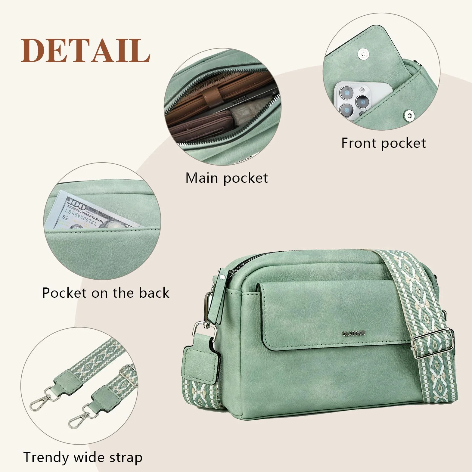 Sac bandoulière femme cuir léger imperméable avec bandoulière amovible