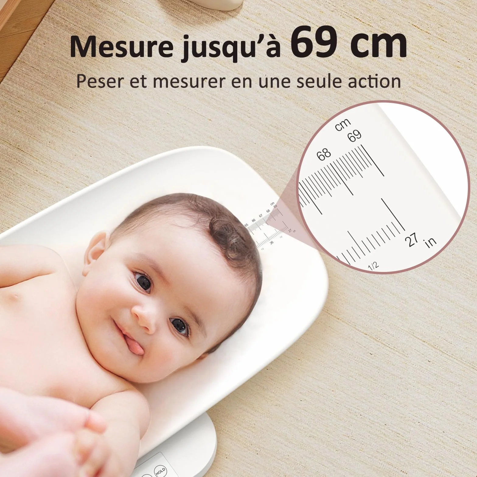 Grownsy Pèse Bébé Numérique avec Plateau Amovible, 150kg, Mesure Taille 70cm, écran LED