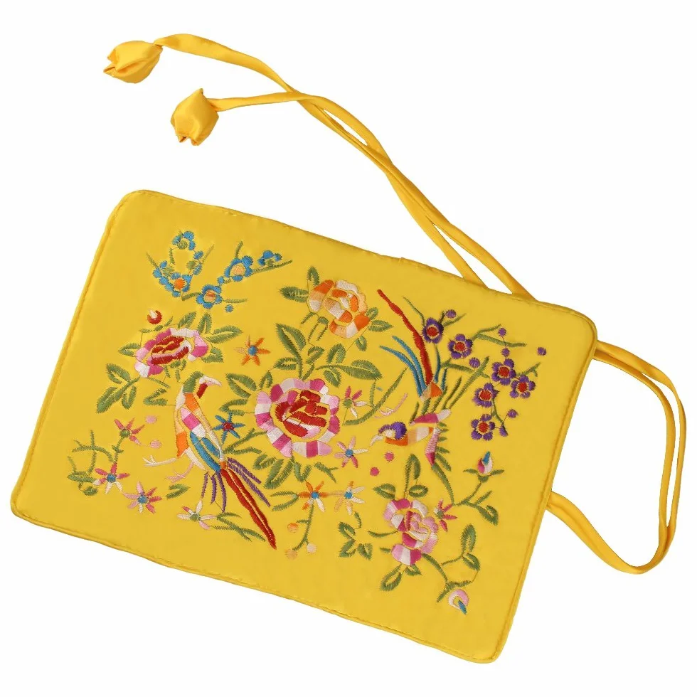 Sac à bijoux de voyage en brocart de soie fleurs et oiseaux avec rubans, fermeture à nouer, jaune