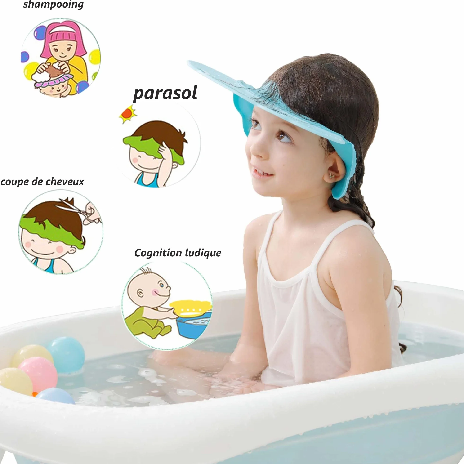 Bleu Bonnet de Douche Bébé Réglable Visière Bonnets de Bain Shampoing Chapeau Protège Yeux Oreilles Enfants