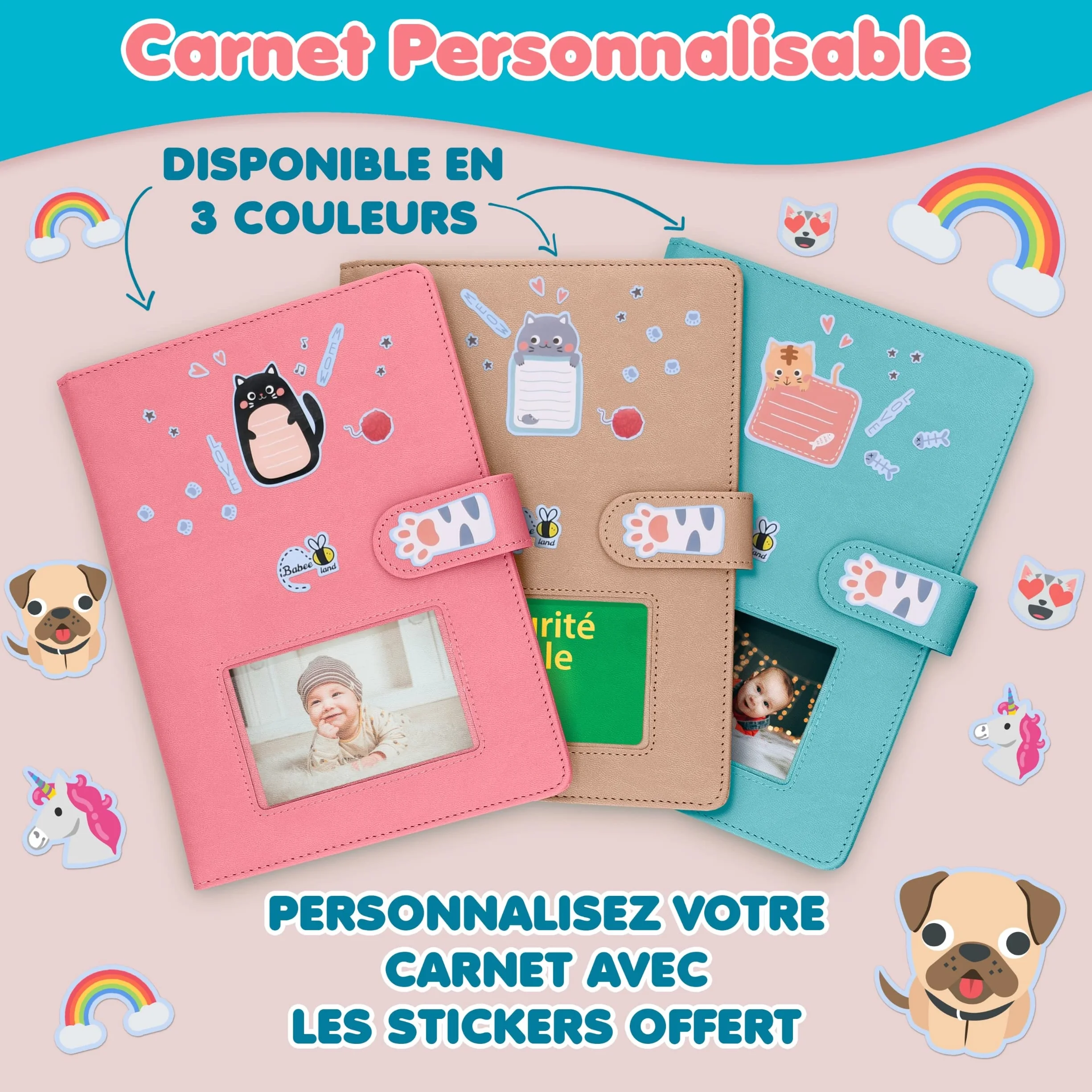 Protege carnet de sante bebe enfant personnalise Garcon avec STYLO Couverture carnet Pochette ordonnance carte vitale BONUS autocollants Coffret cadeau naissance original