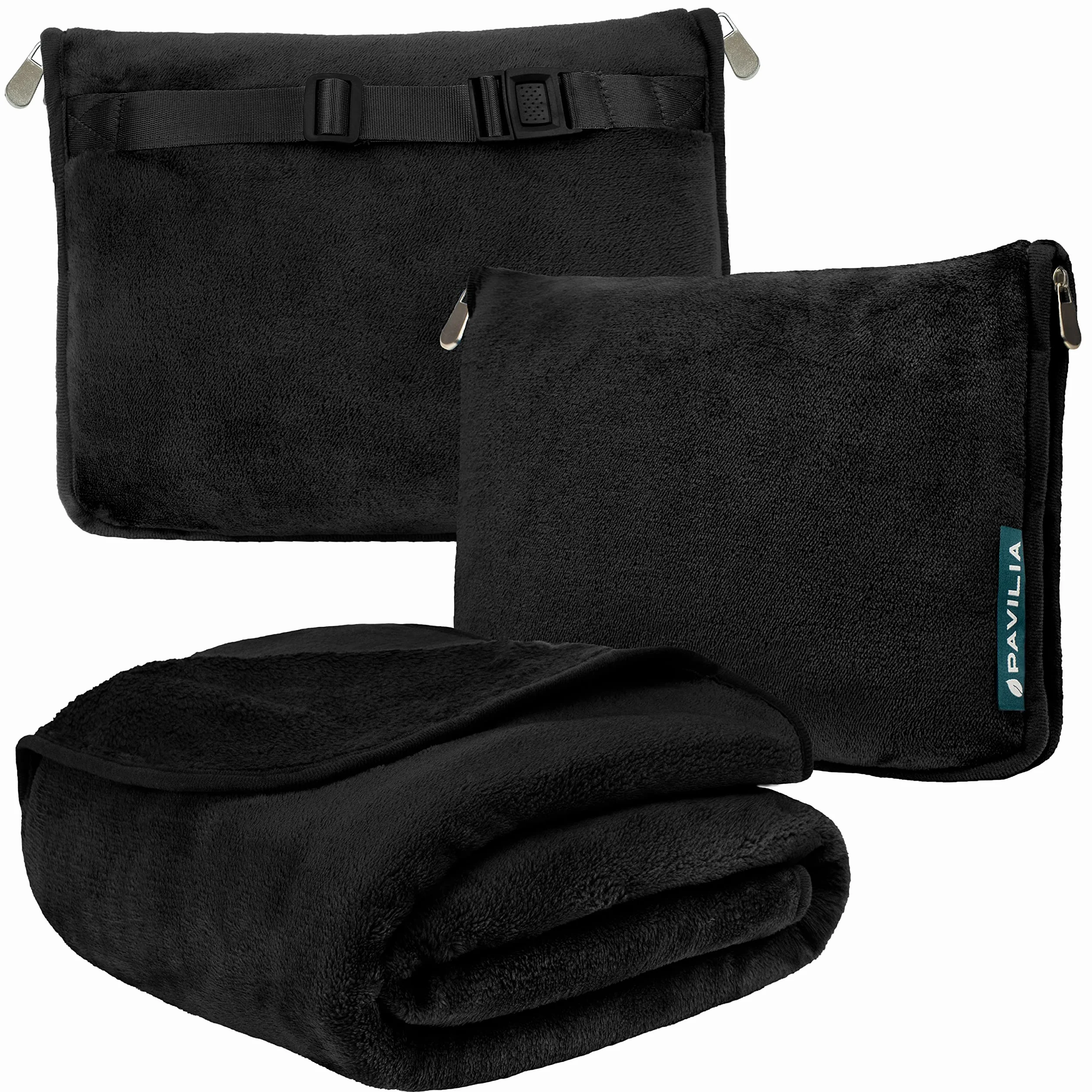 PAVILIA Travel Blanket Pillow 2-in-1 Combo Set, Compact Packable Plane Blanket, Flight Essentials Car Pillow, 60x43 Black