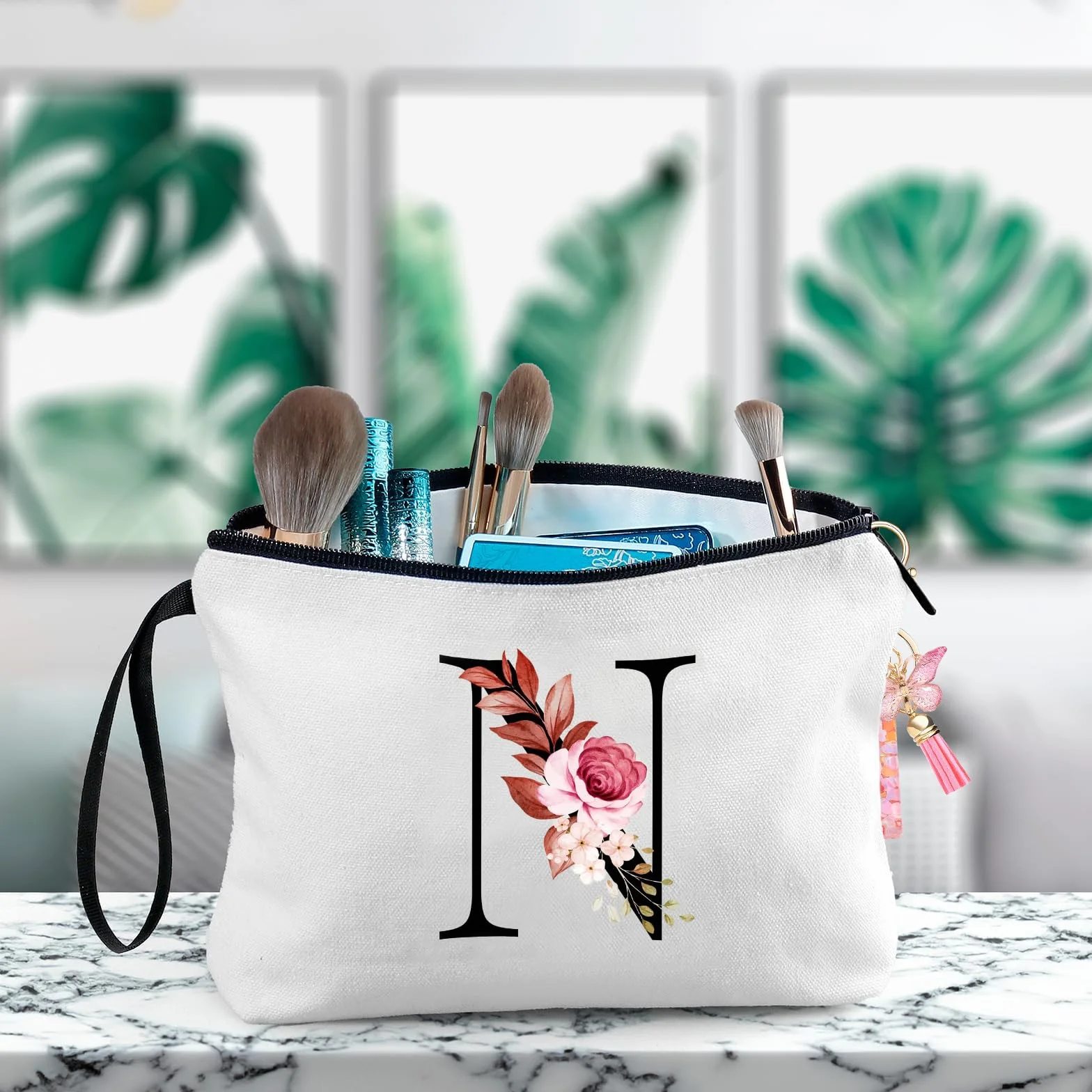 Trousse Personnalisée Maquillage Porte-Clés Lettre Rose pour Femmes Fille Maman Noël Anniversaire N