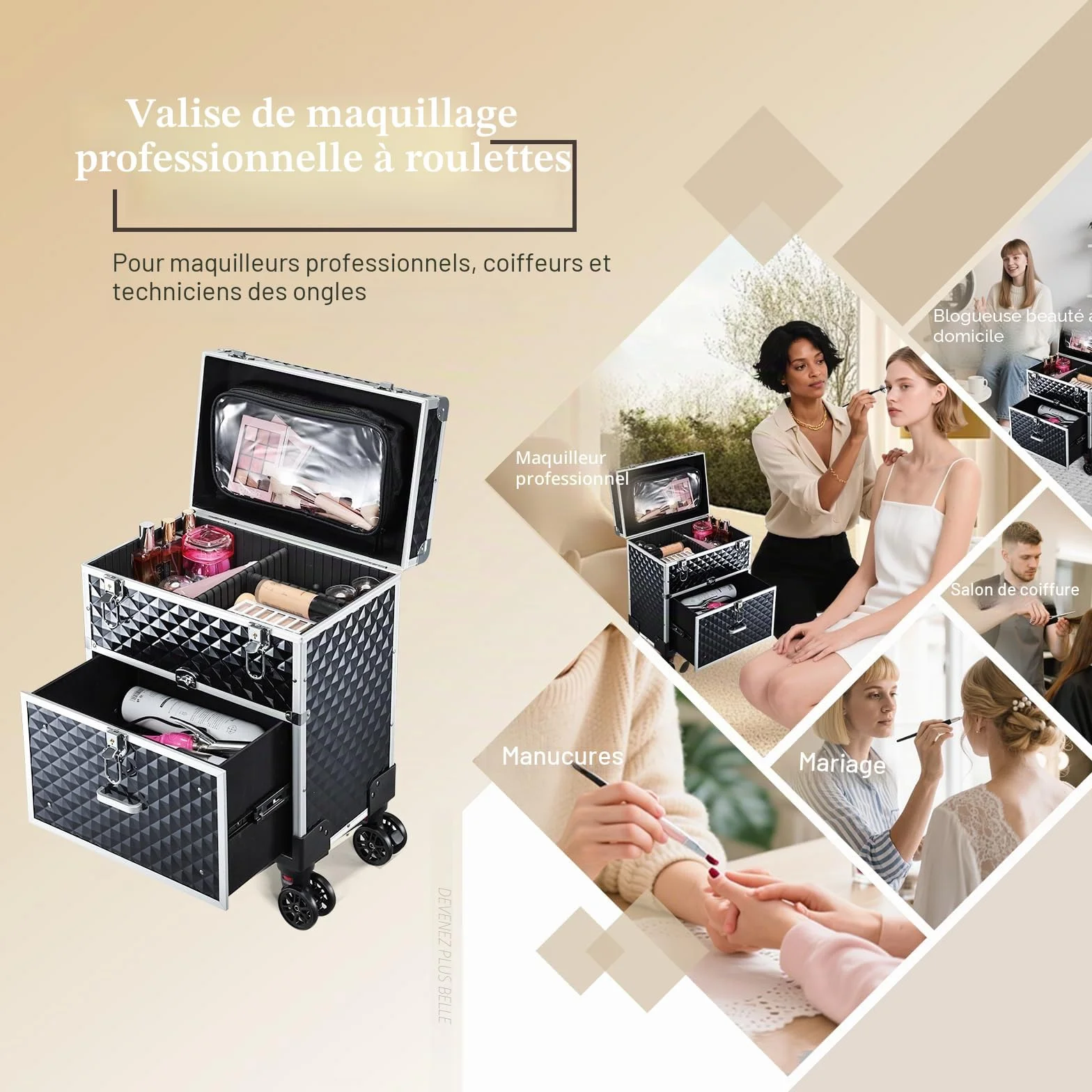 Valise Maquillage Professionnelle avec Roulettes et Casiers, Noir