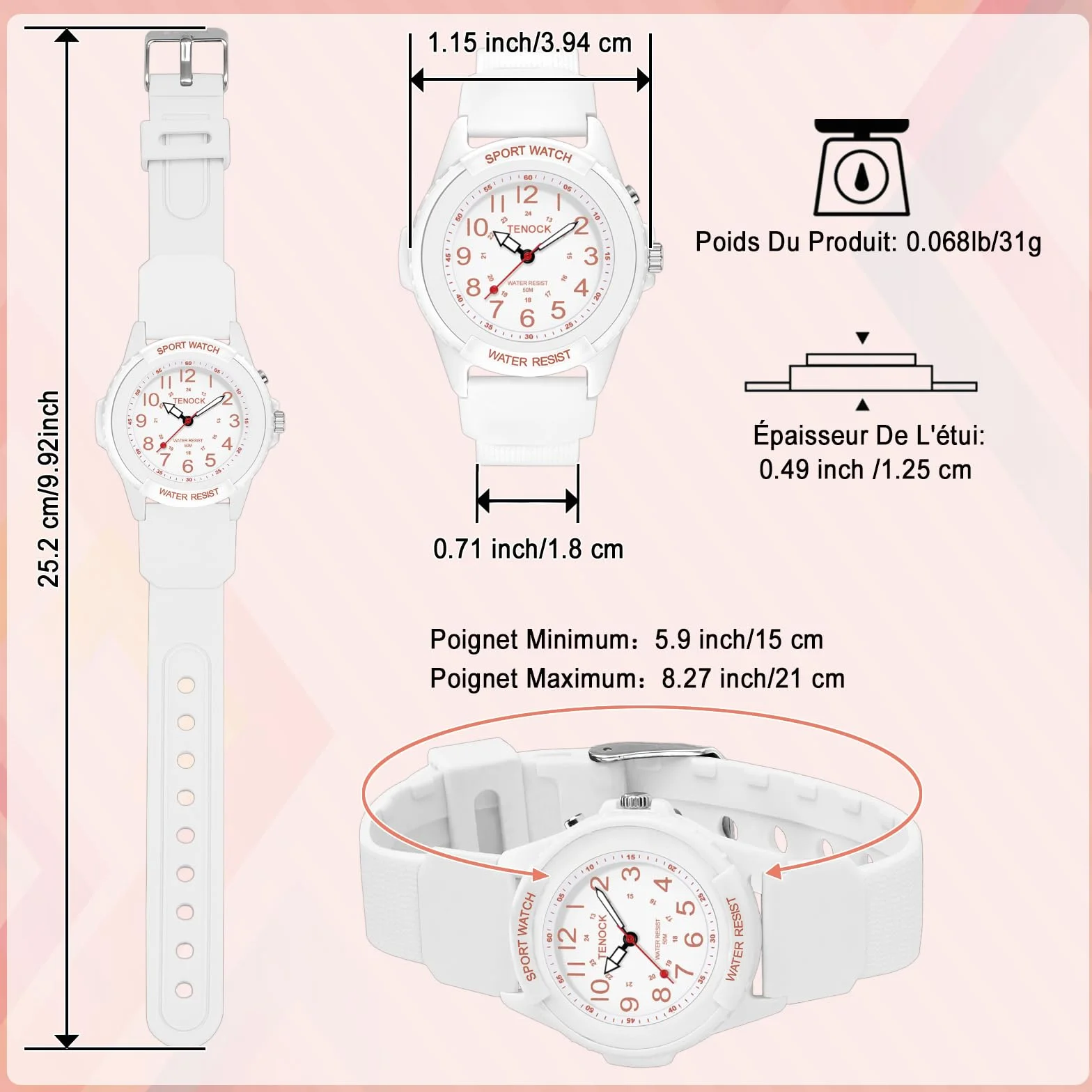 Montre de Sport Femmes Hommes Analogique Quartz Étanche 50M Veilleuse