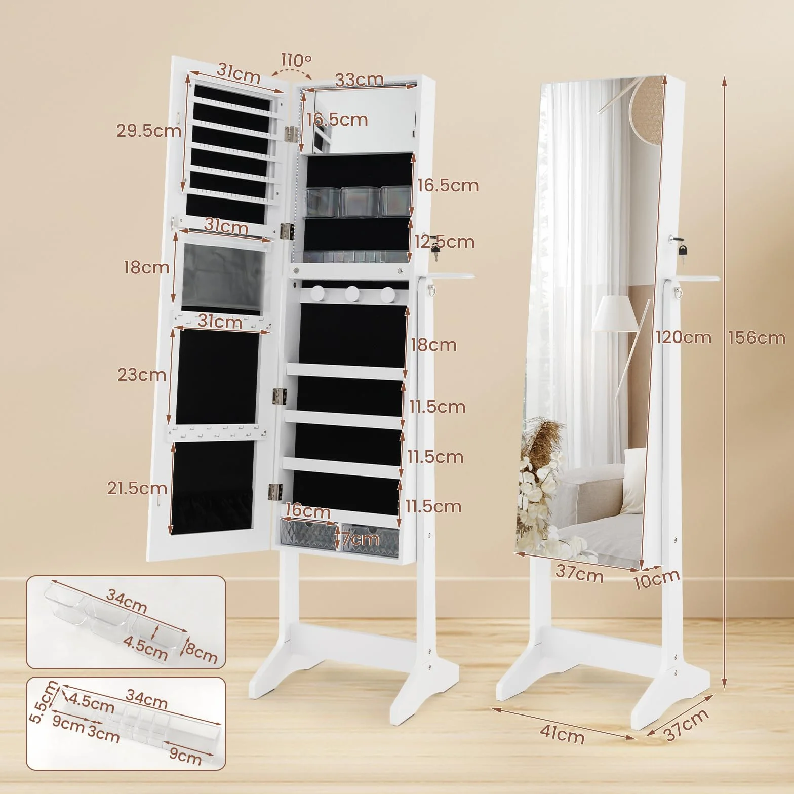 COSTWAY Armoire à Bijoux sur Pied avec Miroir Pleine Longueur, LED 3 Couleurs, Verrouillable, Blanc