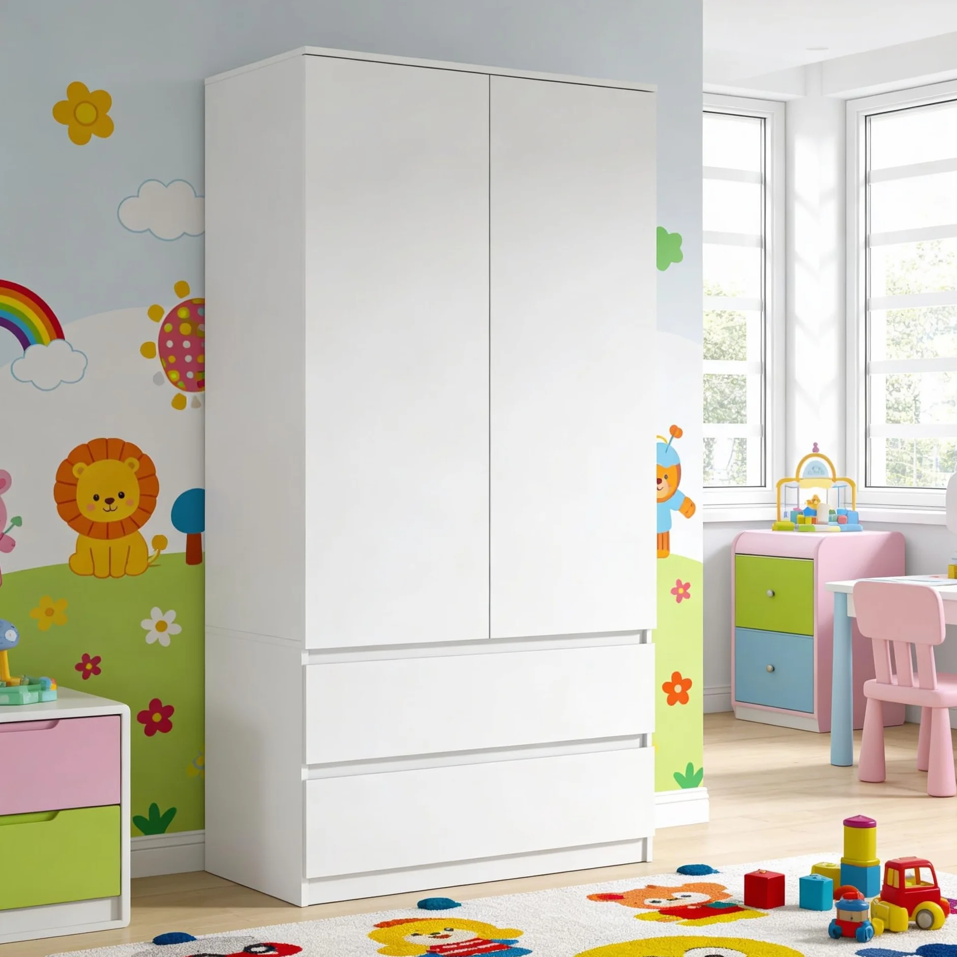 Meble Masztalerz Armoire Chambre Enfant 2 Tiroirs 90 cm Penderie Vetement Dressing Rangement Blanc 180x90x50 cm