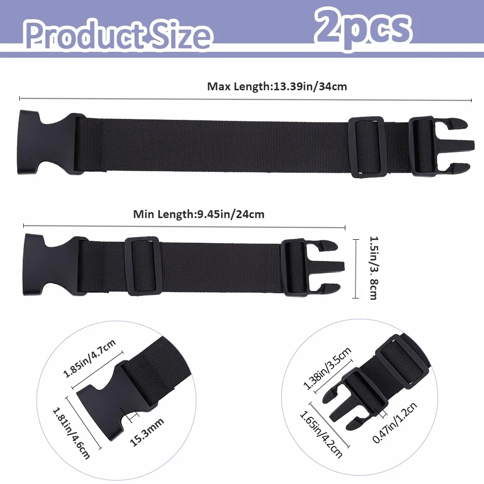 SUPERFINDINGS 2Pcs Sangle de Sac à Dos Réglable 34cm Rallonge de Ceinture en Nylon Noir 3.8cm