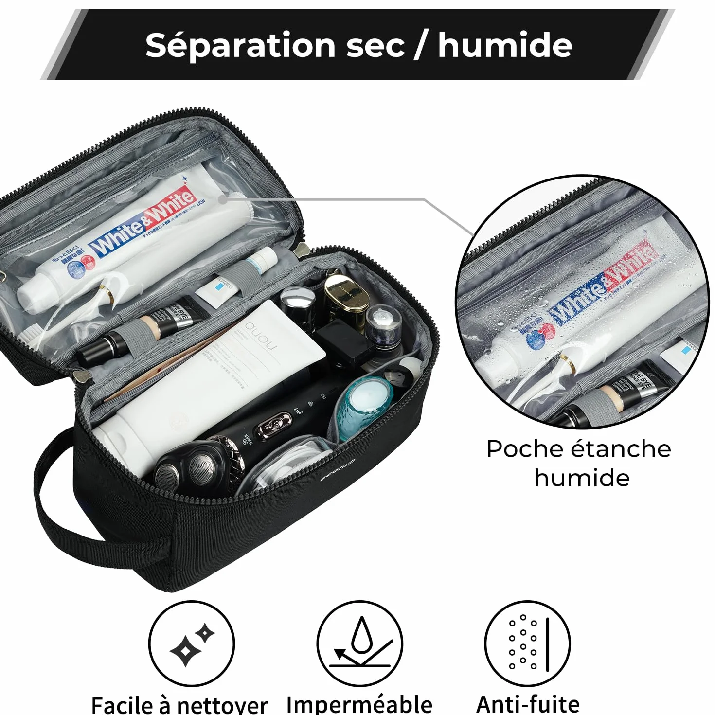 ECOHUB Trousse de Toilette Homme Femme Sac de Rasage Imperméable avec Poches Humides et Sèches pour Rangement Cosmétiques, Noir