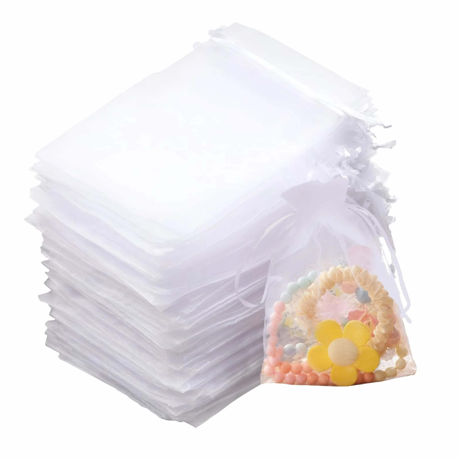 Sachet Organza 10x15 cm Blanc - Petits Sacs à Remplir avec Cordon pour Bijoux, Bonbons, Mariages