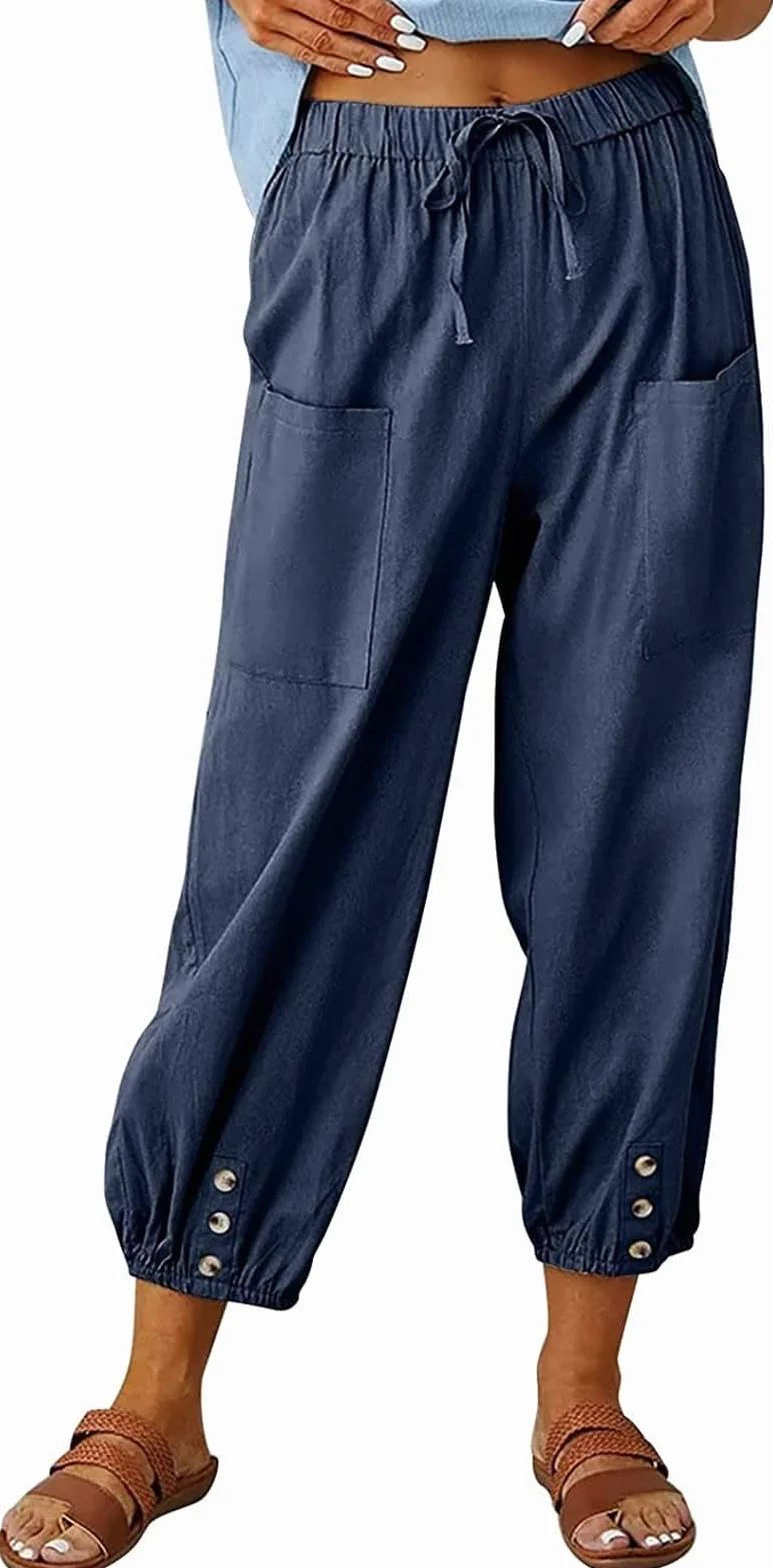Pantalon 7/8 Femme Lin Ample Longueur Cordon Poches Été