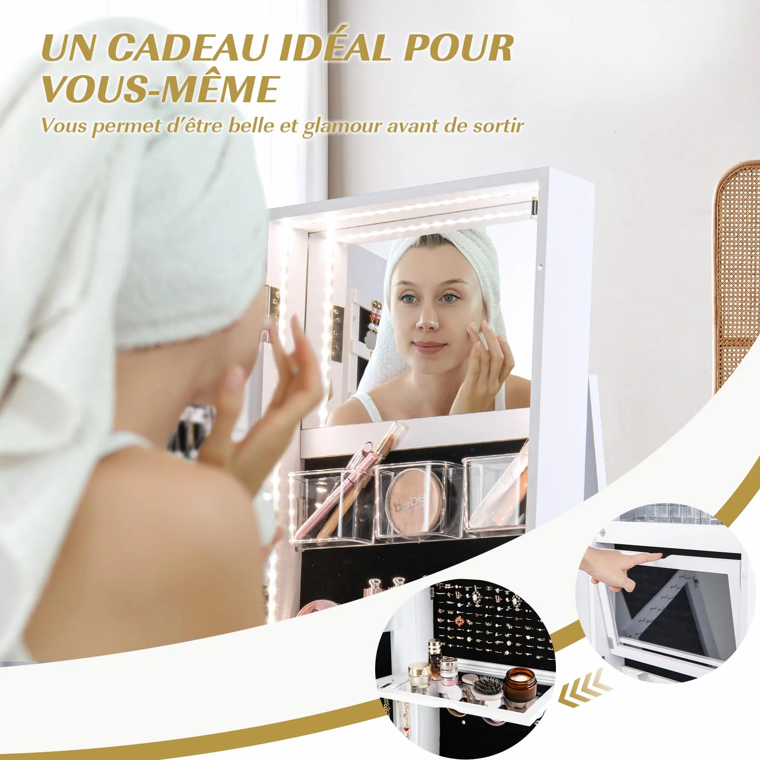 GOPLUS Armoire à Bijoux avec Miroir sur Pied, Rotative 360° Lumière LED 3 Couleurs, Verrouillable, Blanc