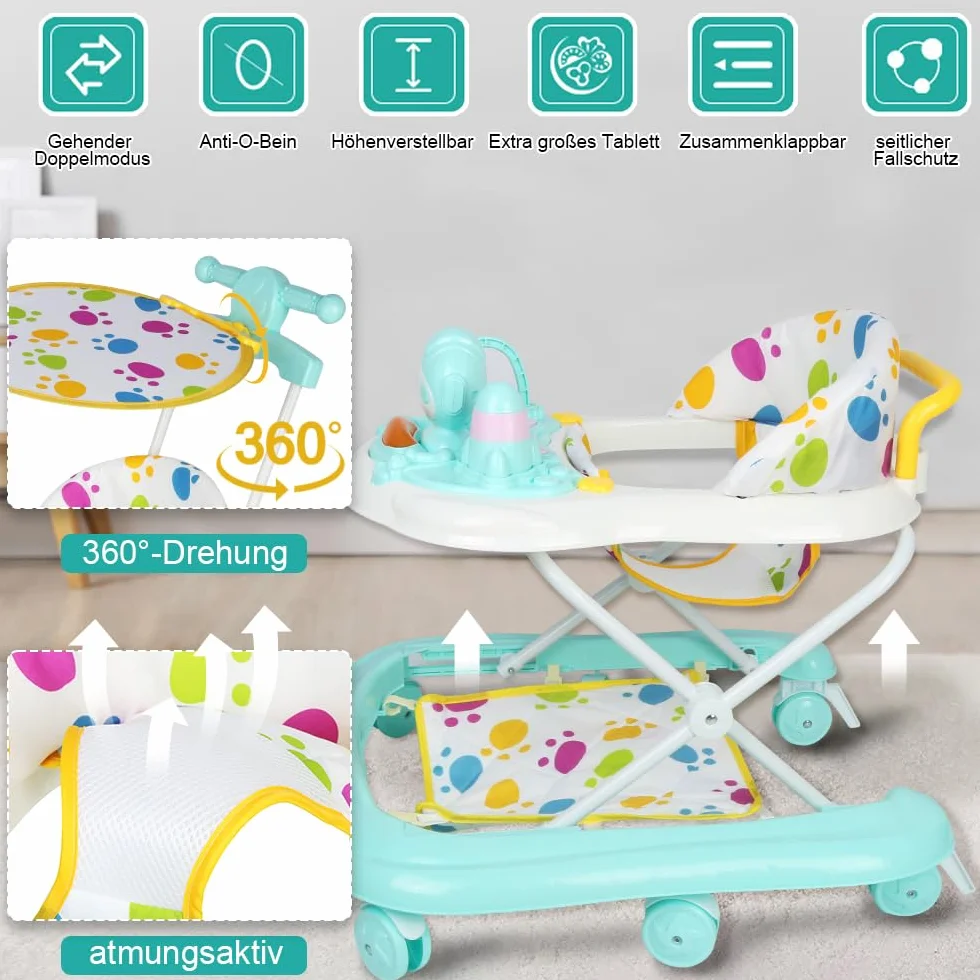 OHMG Trotteur 4 en 1 bébé avec plateau d'alimentation amovible, musique et lumières, pliable, centre d'activités avec basketball stand