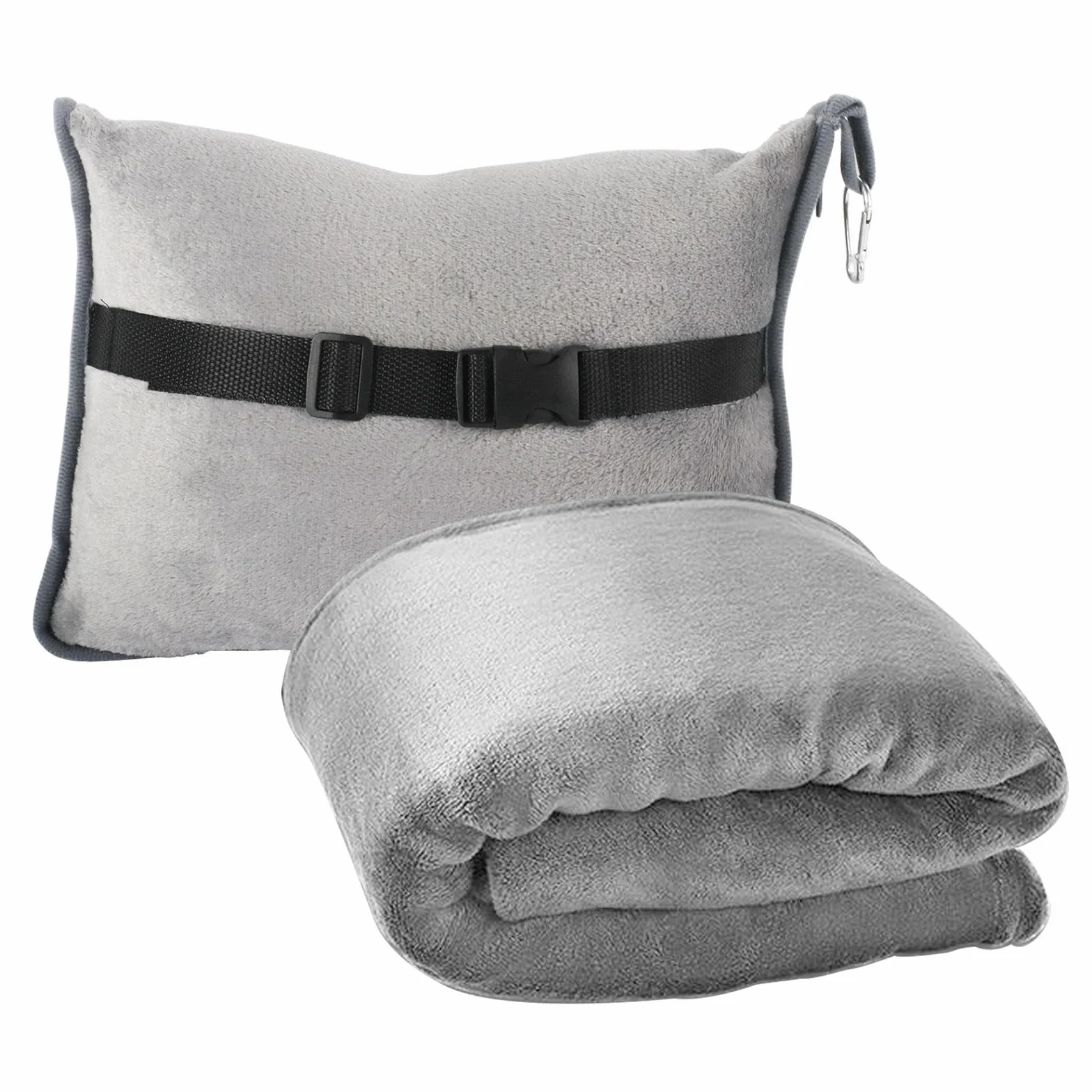 Couverture de Voyage Avion 2 en 1 Oreiller Doux Ultra Légère Chaude Fixation Valise Portable Gris 127 x 152 cm