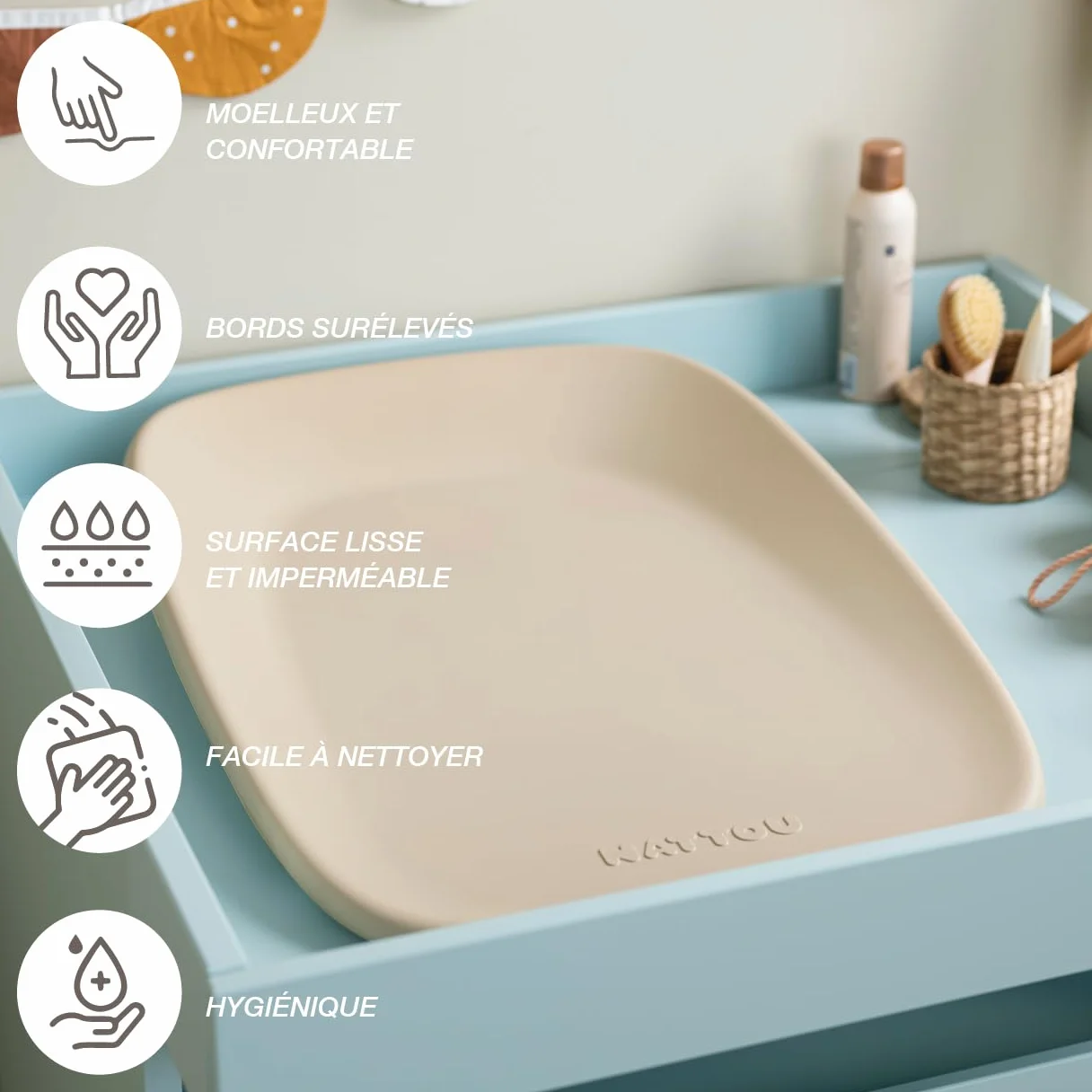 Nattou Softy Matelas à langer bébé mousse PU lavable 50 x 70 cm Taupe