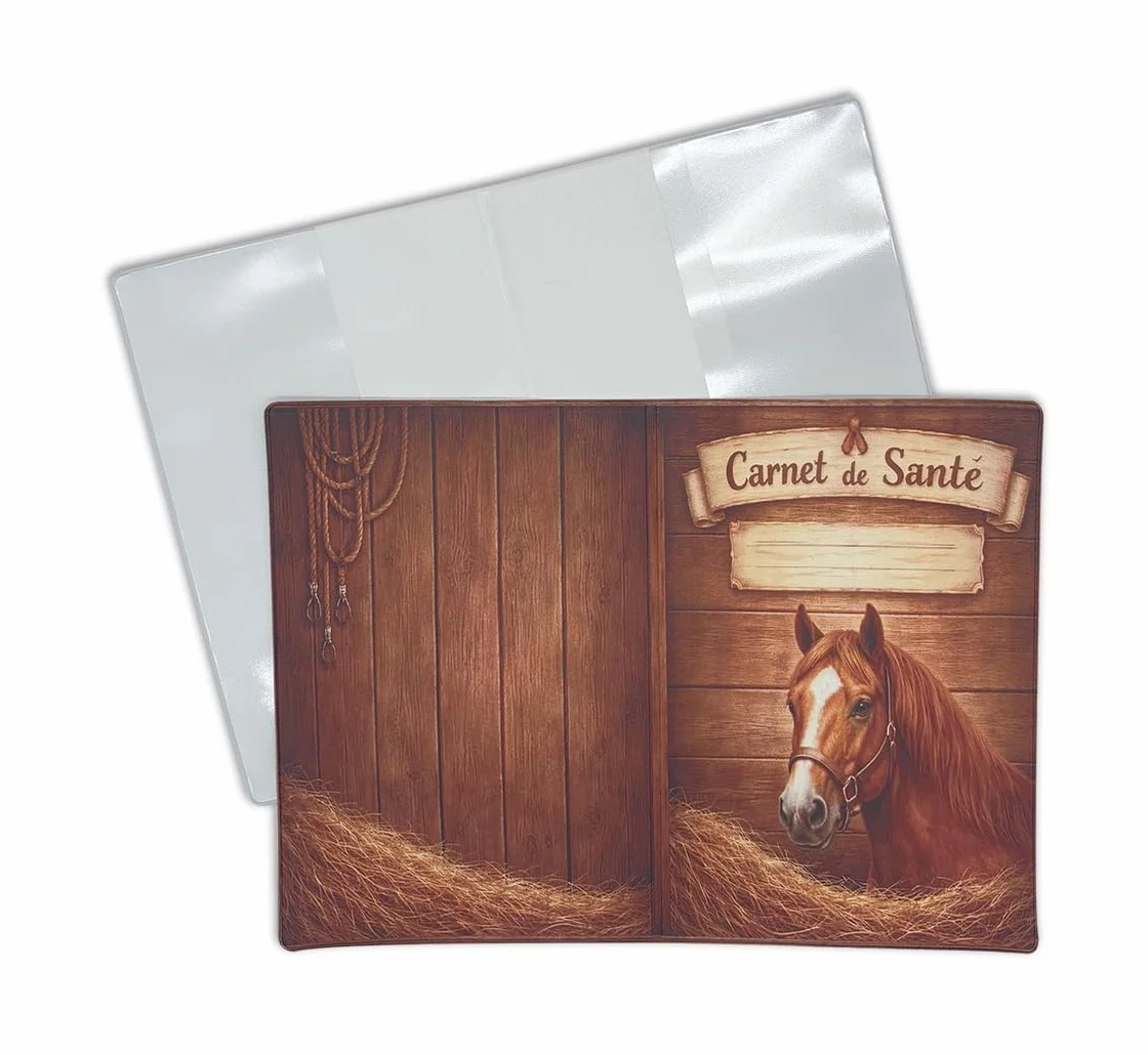 Protège Carnet de Santé Cheval en Gomme Expansée – Porte Passeport Cheval & Livret Signalétique – Fond Bois