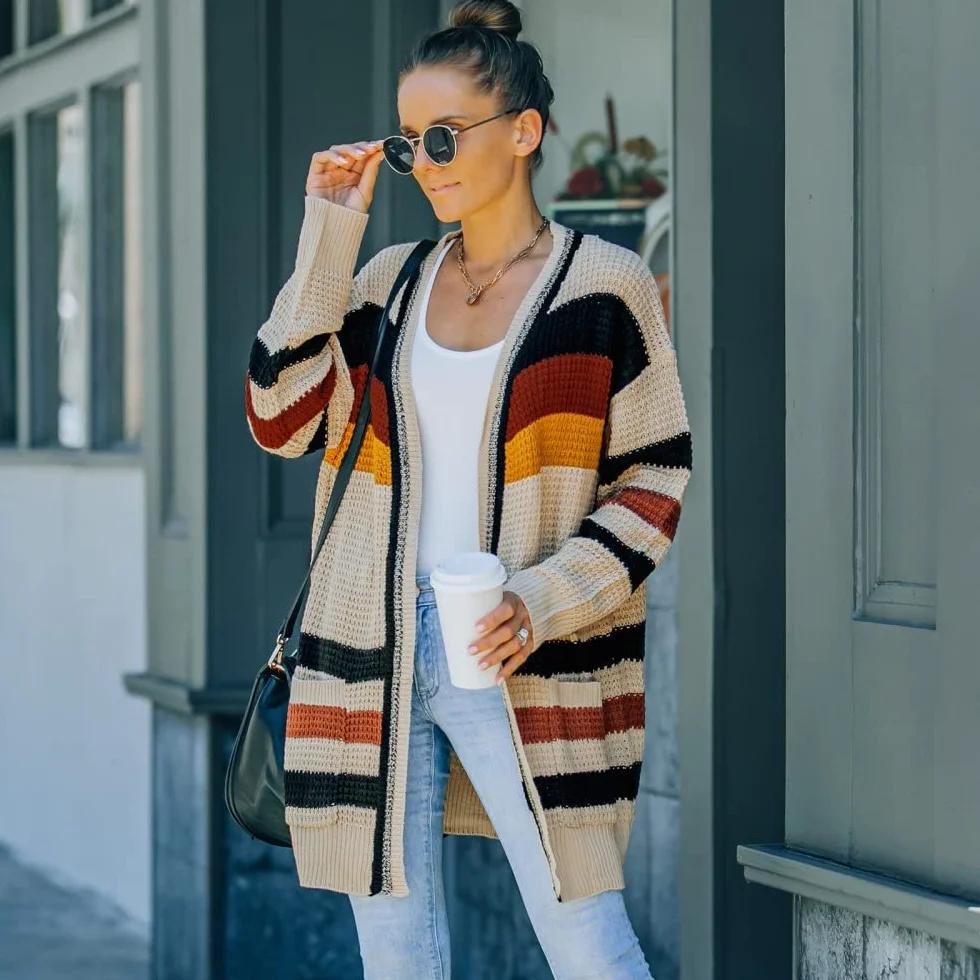 Gilet Femme Vintage Beige Col V Rayé avec Poche Mi-Long Manteau Tricoté Doux Chaud Automne Hiver Veste en Tricot Manches Longues Pull Ouvert
