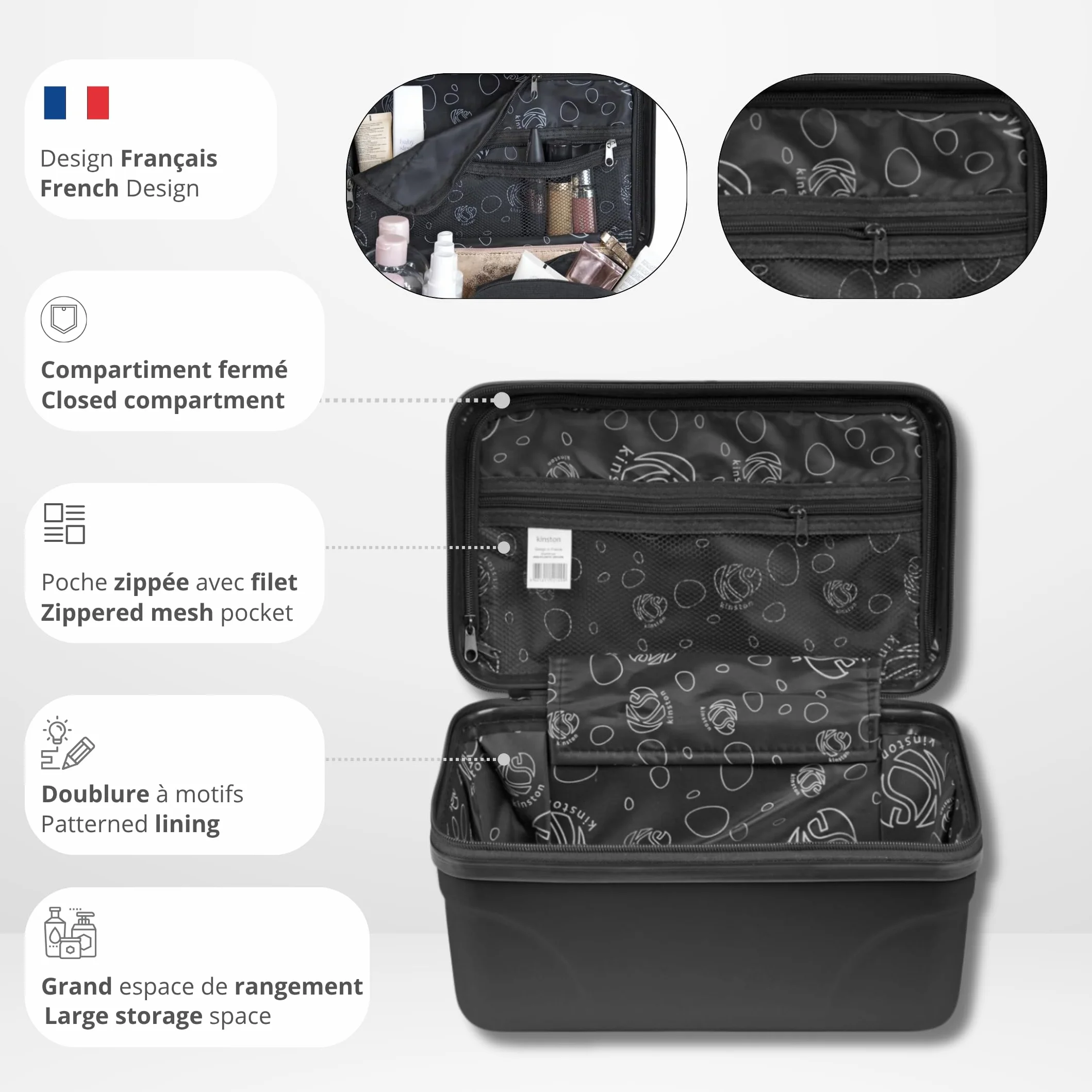 KINSTON Vanity Trousse de Toilette Cosmétiques Rigide avec Poignée Organisateur de Voyage Grande Capacité Noir