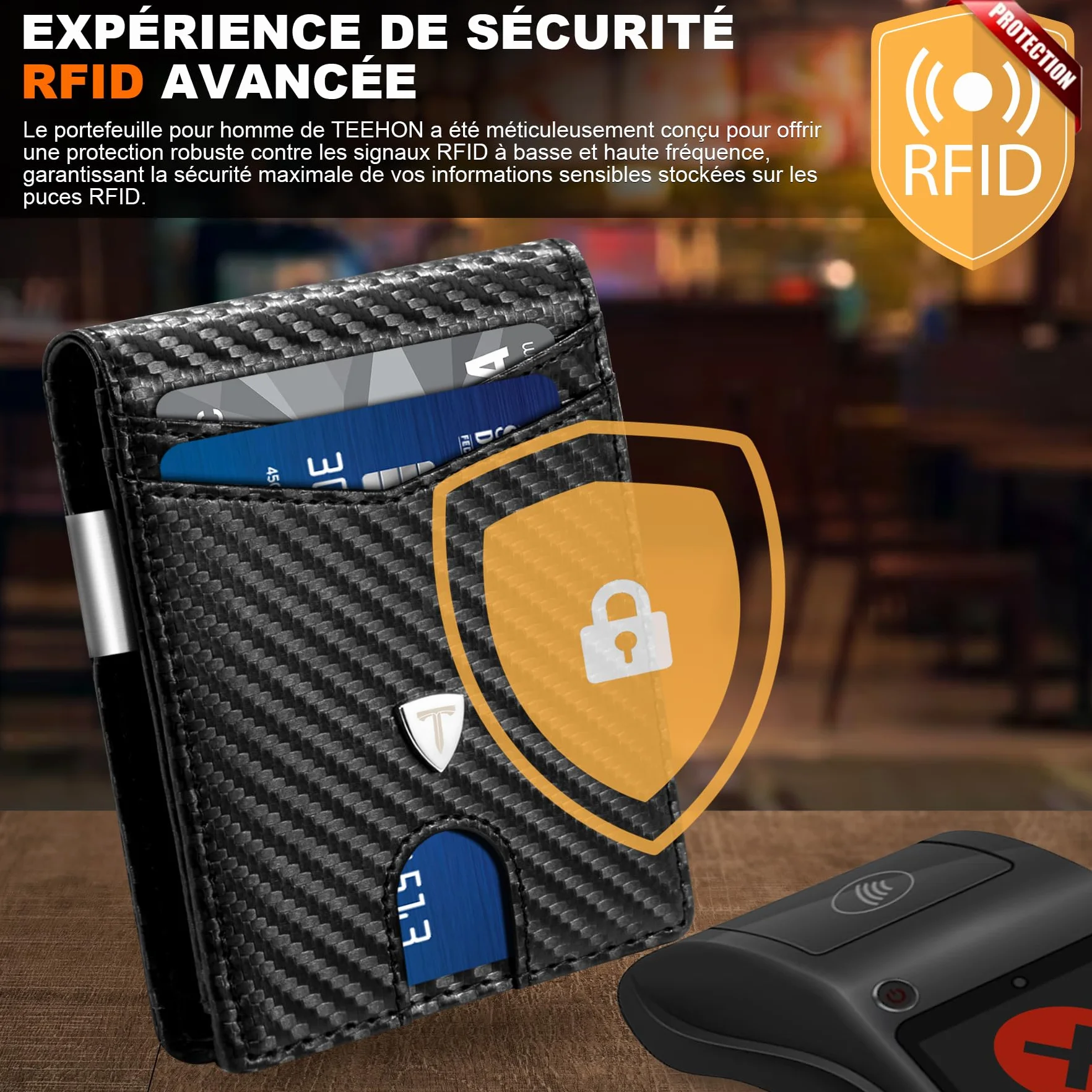 TEEHON Portefeuille Homme Slim Cuir Fibre Carbone Blocage RFID Bi-Fold Noir