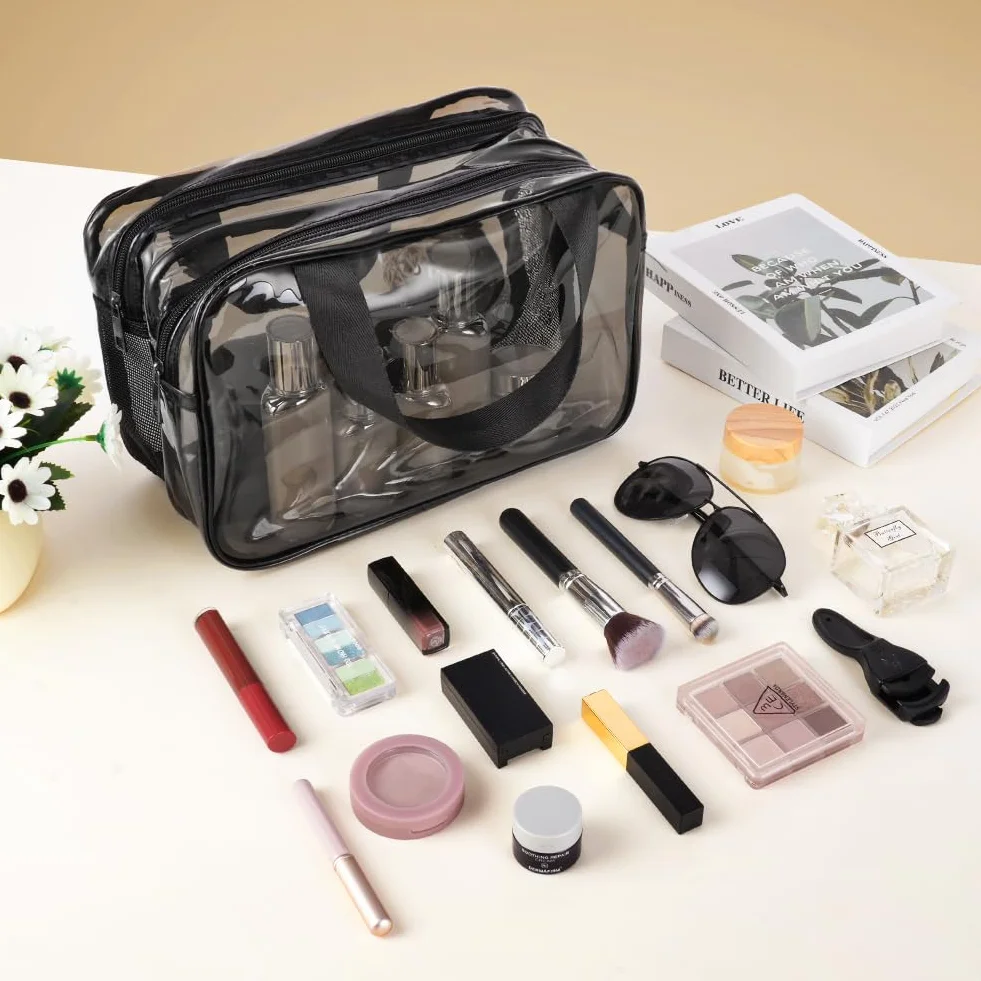 Aucuu Trousse de Toilette Voyage PVC Grande Capacité Double Couche Transparente avec Poignée Sac Cosmétiques